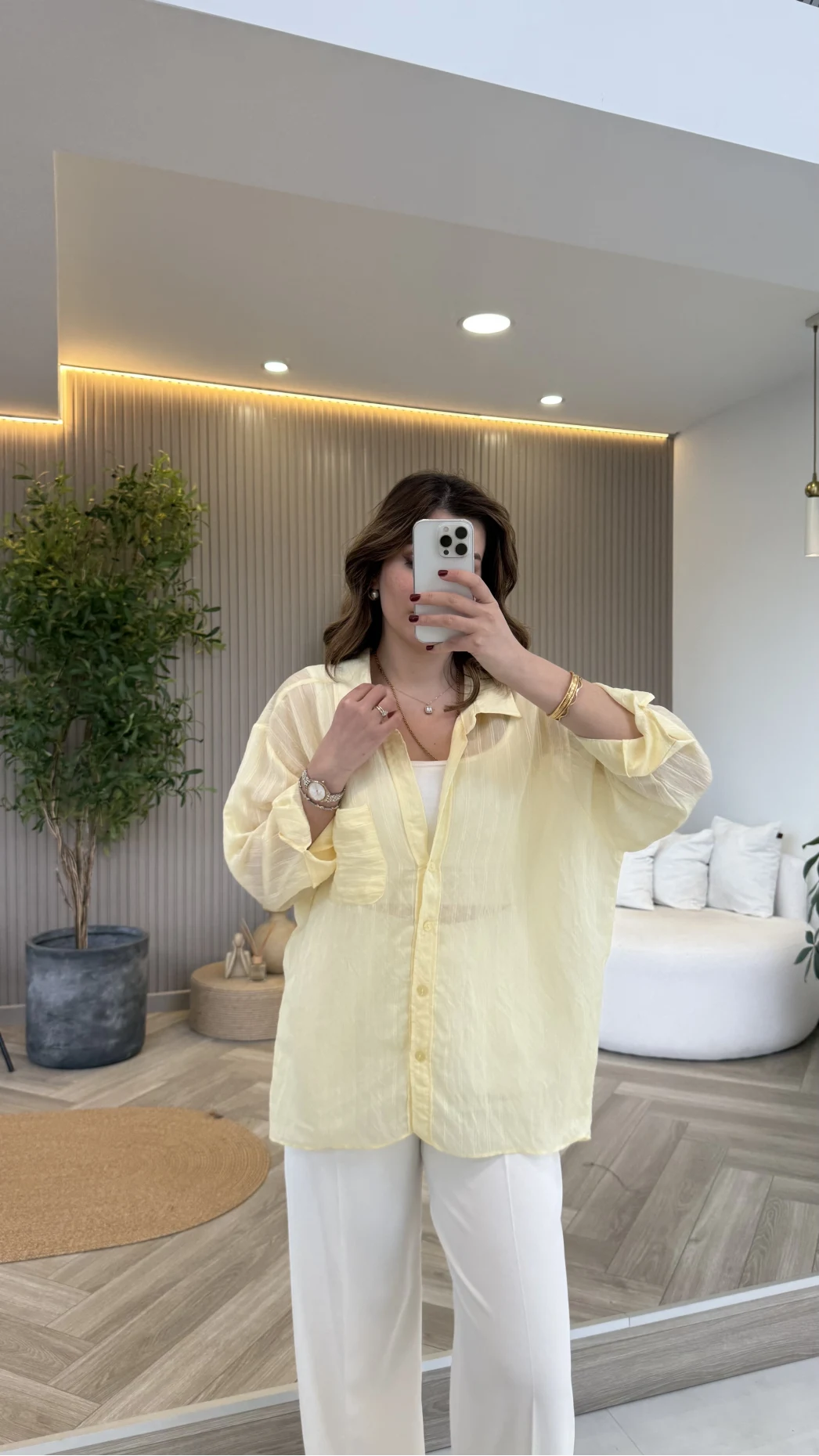 İnce Tek Cepli Çizgili Gömlek - Sarı - Kod: 5449