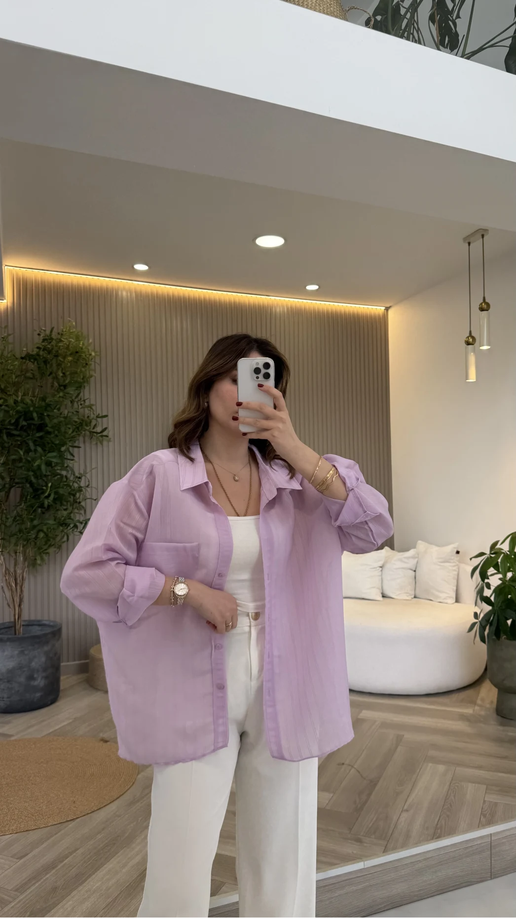 İnce Tek Cepli Çizgili Gömlek - Lila - Kod: 5449