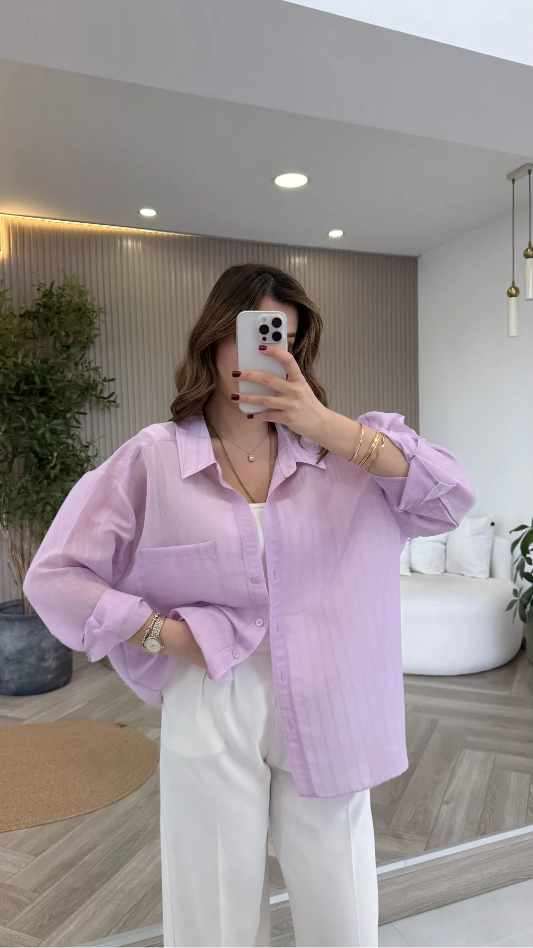 İnce Tek Cepli Çizgili Gömlek - Lila - Kod: 5449