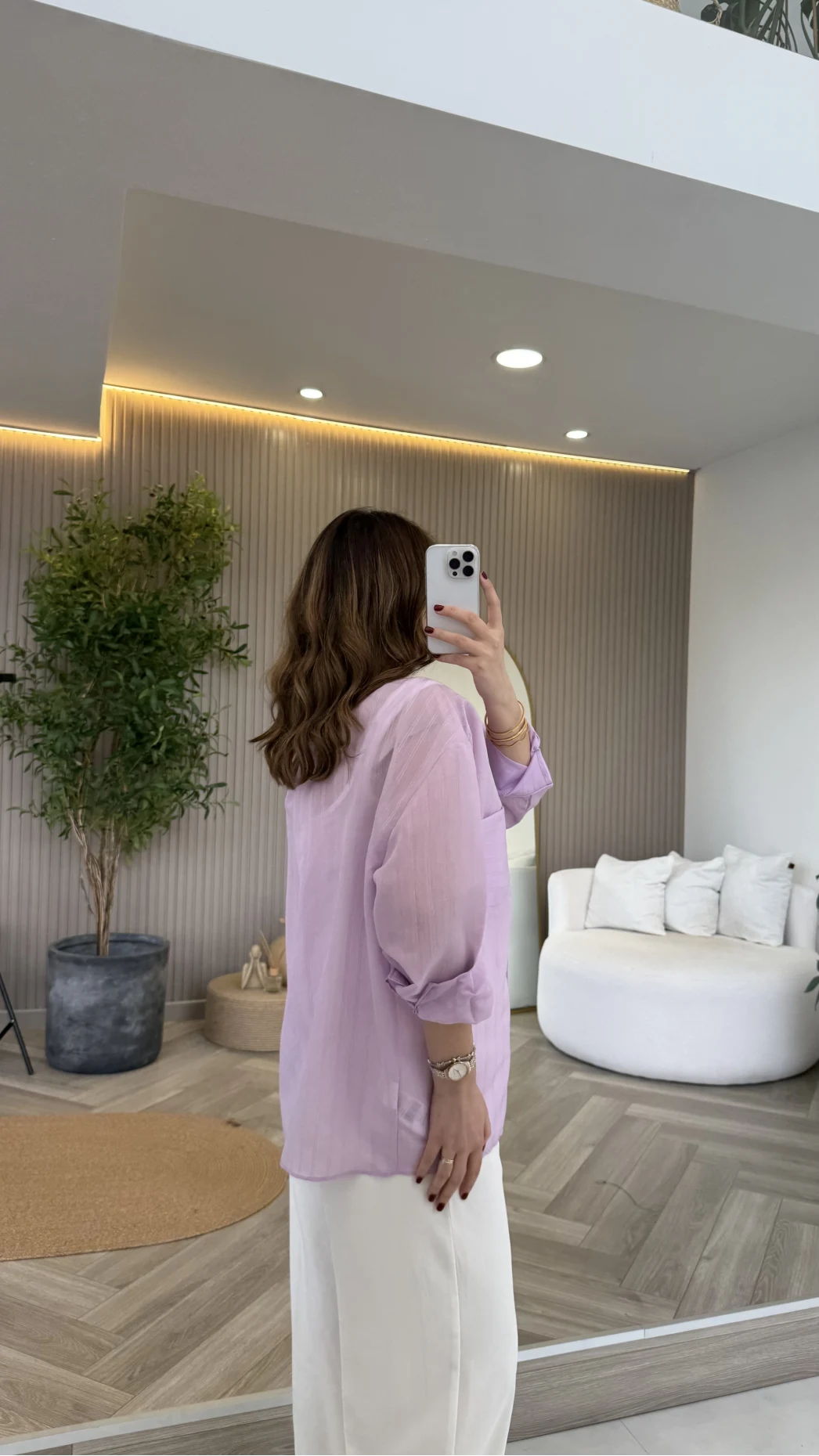 İnce Tek Cepli Çizgili Gömlek - Lila - Kod: 5449