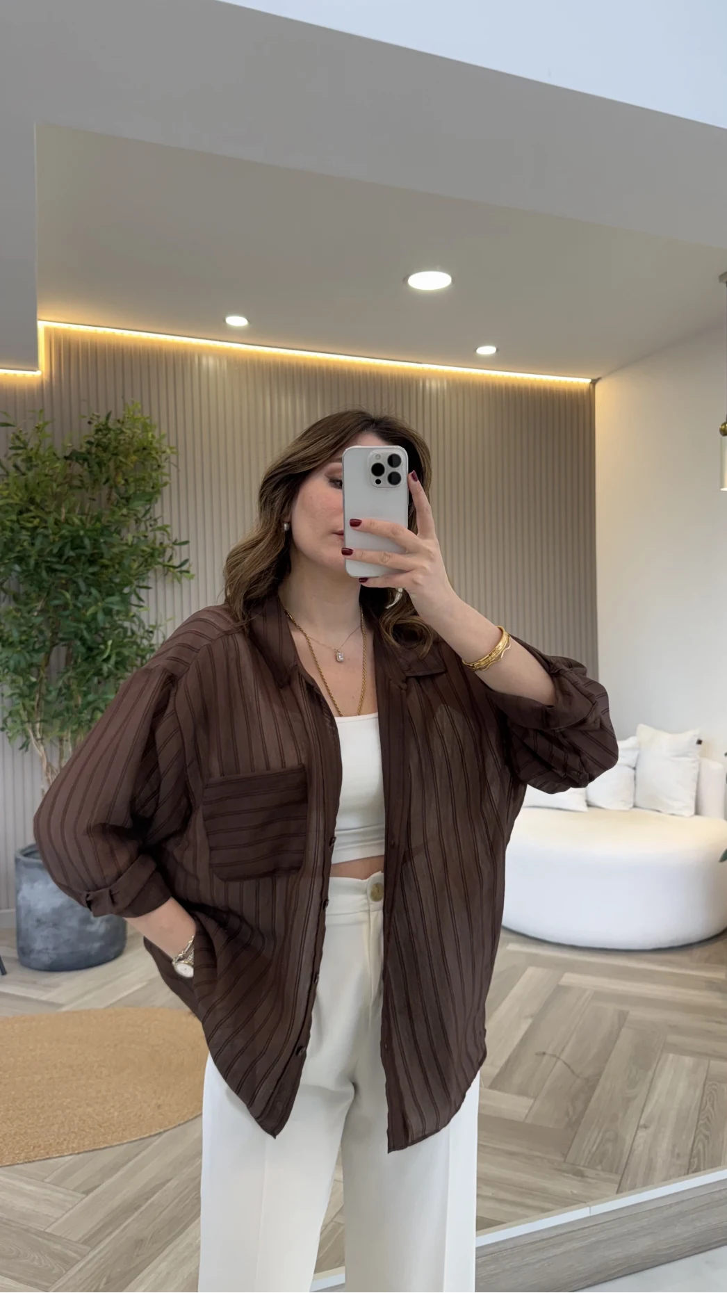 İnce Tek Cepli Çizgili Gömlek - Kahve - Kod: 5449