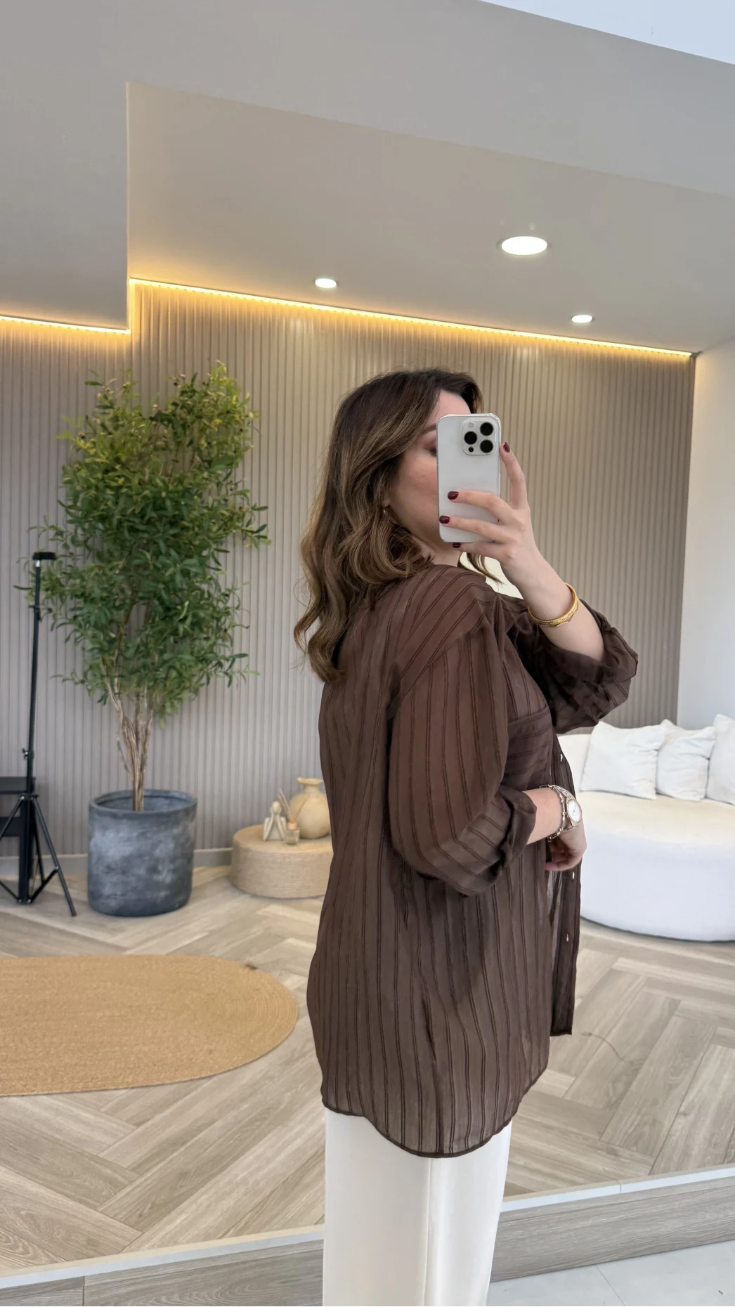 İnce Tek Cepli Çizgili Gömlek - Kahve - Kod: 5449