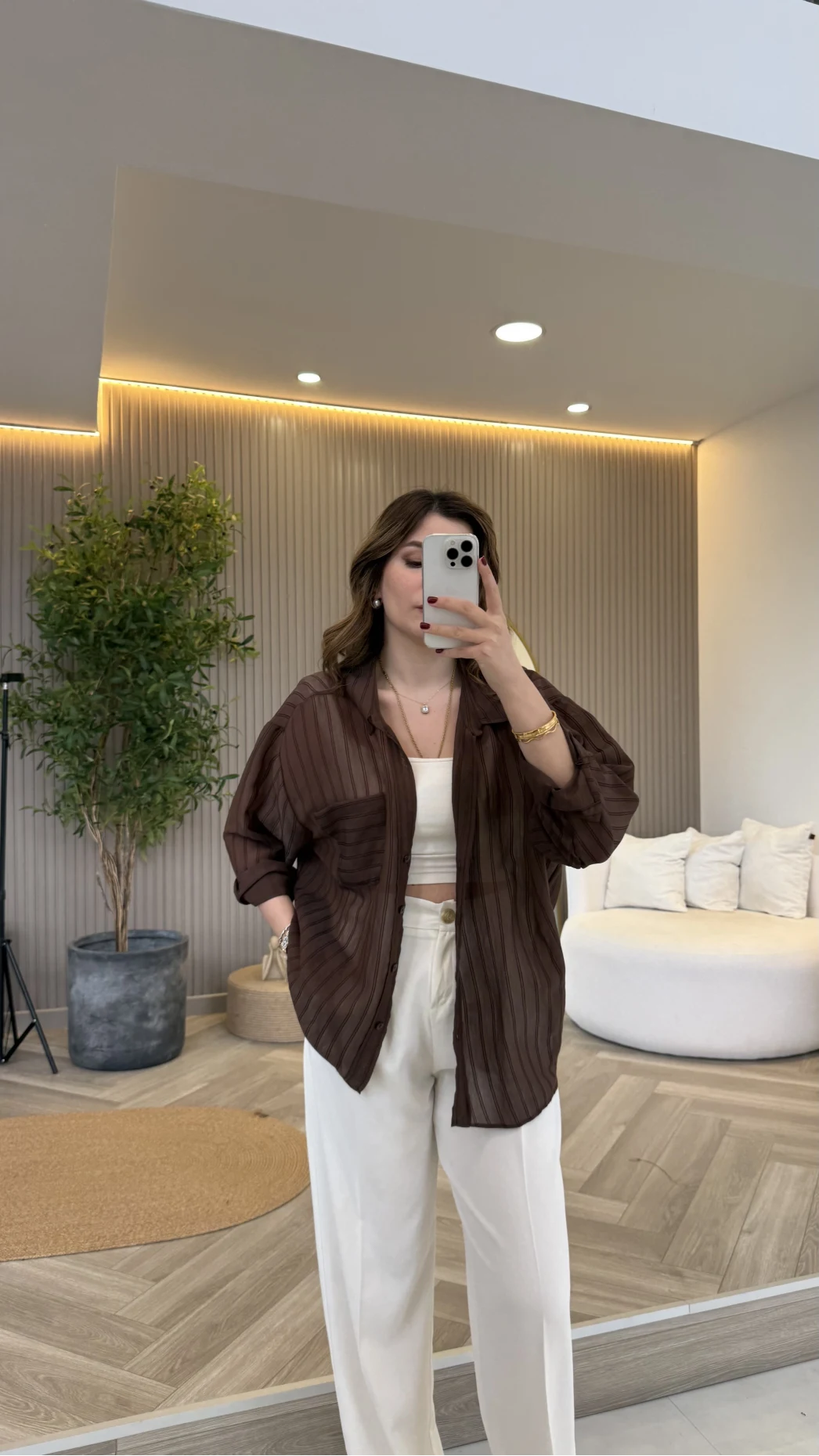 İnce Tek Cepli Çizgili Gömlek - Kahve - Kod: 5449