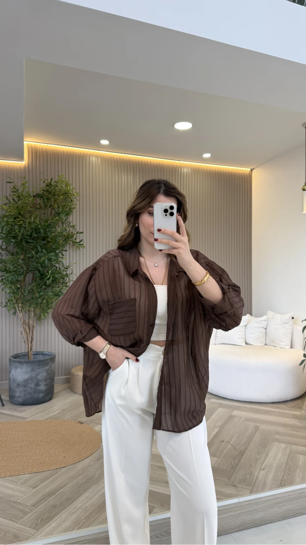 İnce Tek Cepli Çizgili Gömlek - Kahve - Kod: 5449