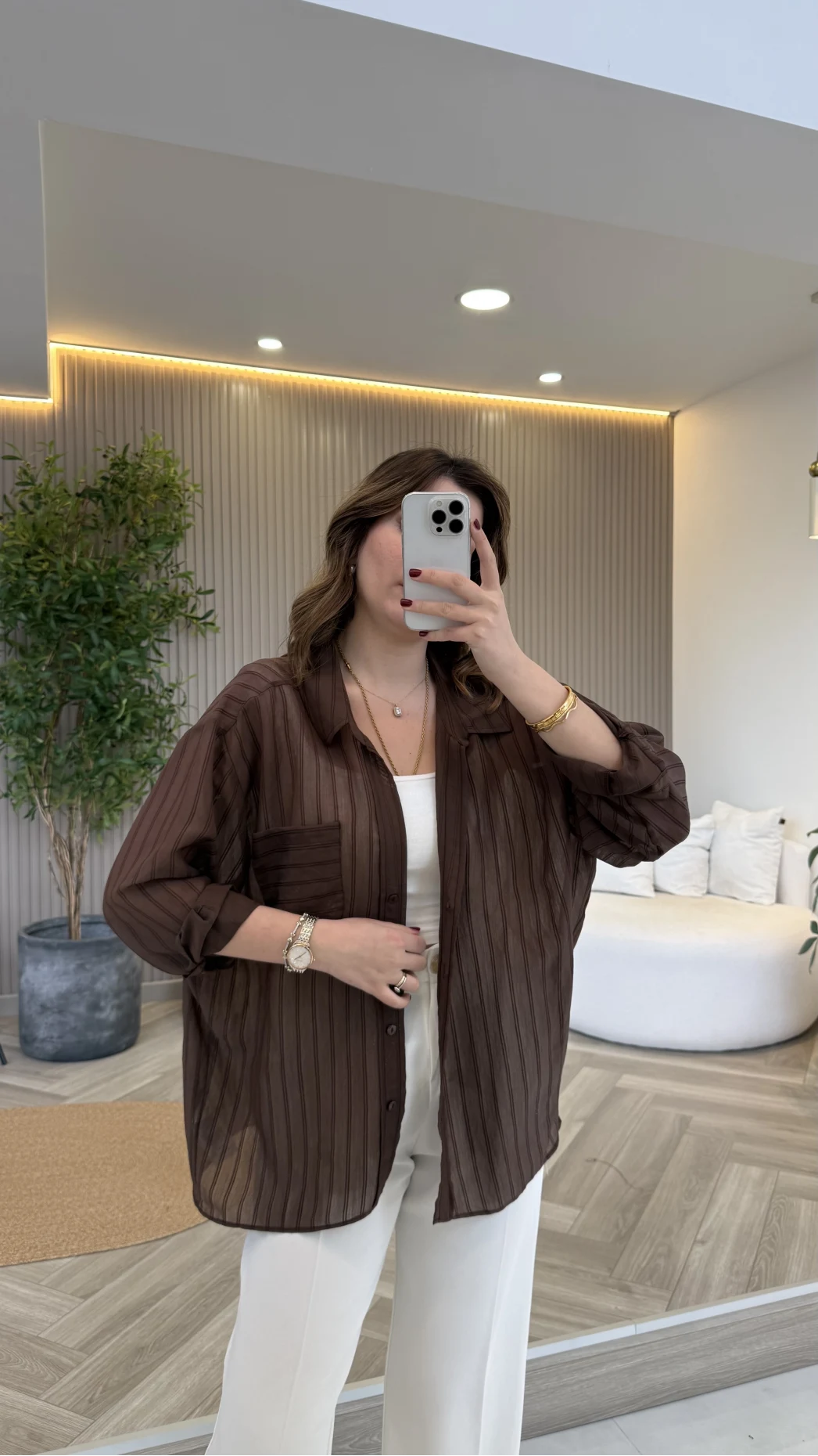 İnce Tek Cepli Çizgili Gömlek - Kahve - Kod: 5449