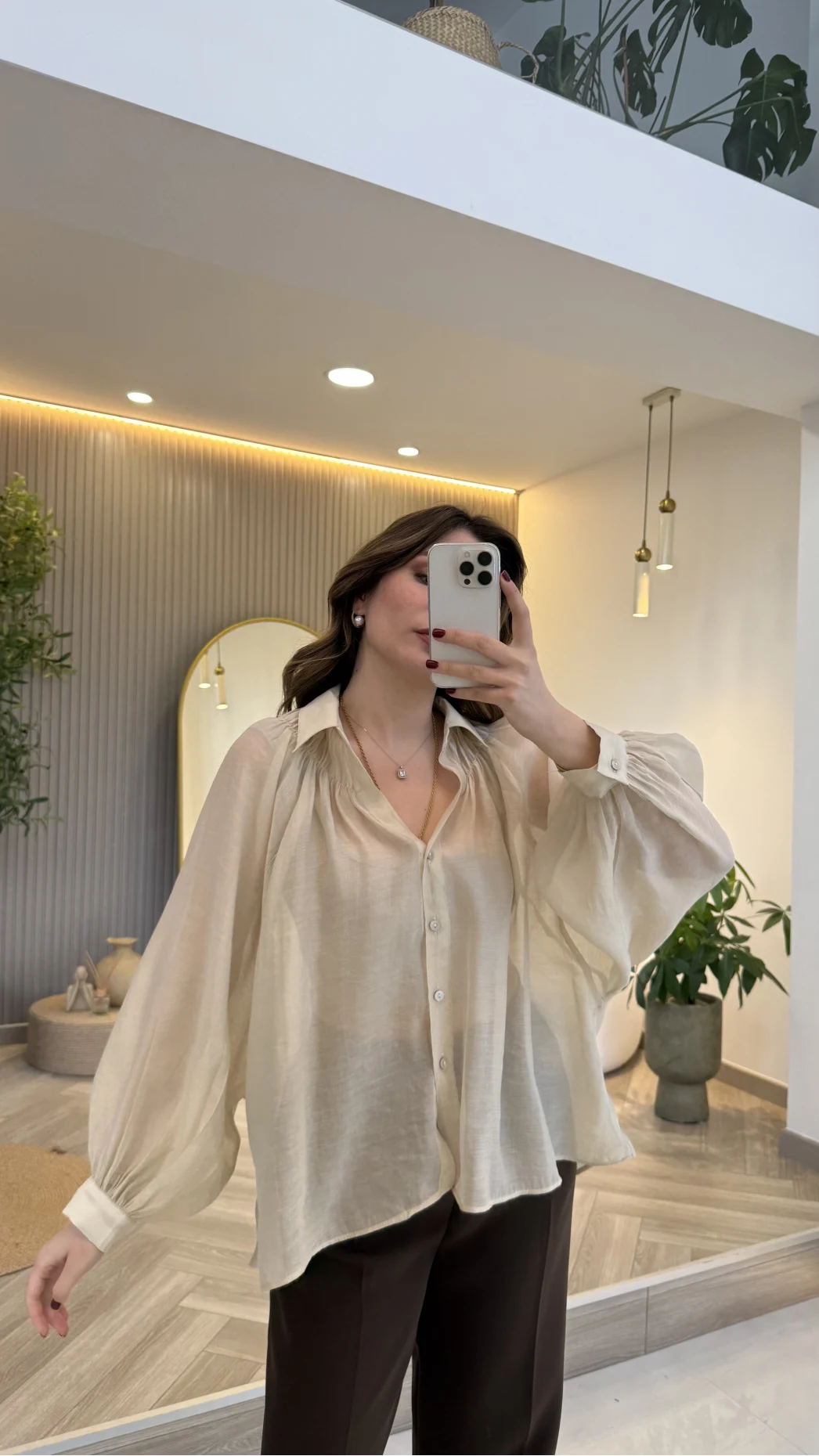 Gipeli Reglan Kol Oversize Gömlek - Taş - Kod: 5018