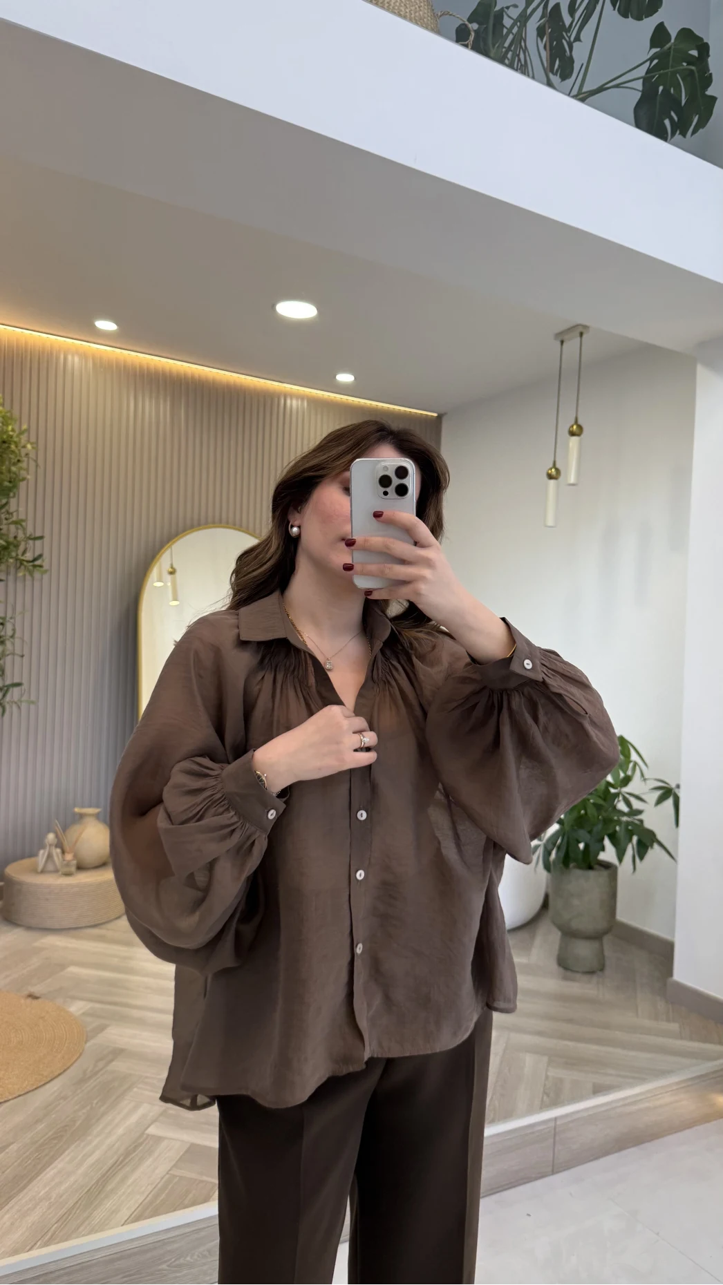 Gipeli Reglan Kol Oversize Gömlek - Kahve - Kod: 5018