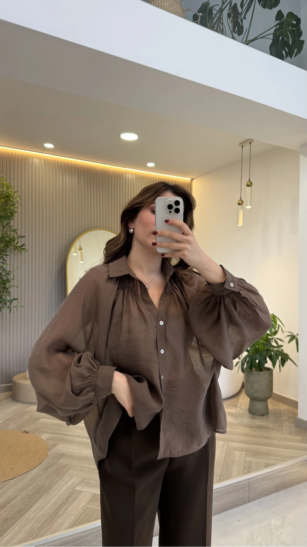 Gipeli Reglan Kol Oversize Gömlek - Kahve - Kod: 5018