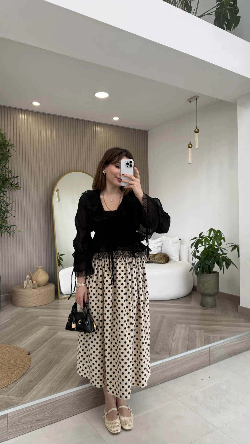 Pamuk Kumaş Beli Gipeli Puantiye Desenli Etek - Bej - Kod: 4072