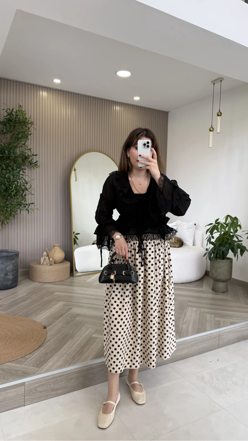 Pamuk Kumaş Beli Gipeli Puantiye Desenli Etek - Bej - Kod: 4072