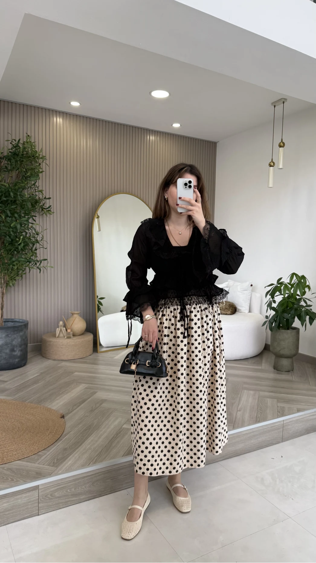 Pamuk Kumaş Beli Gipeli Puantiye Desenli Etek - Bej - Kod: 4072