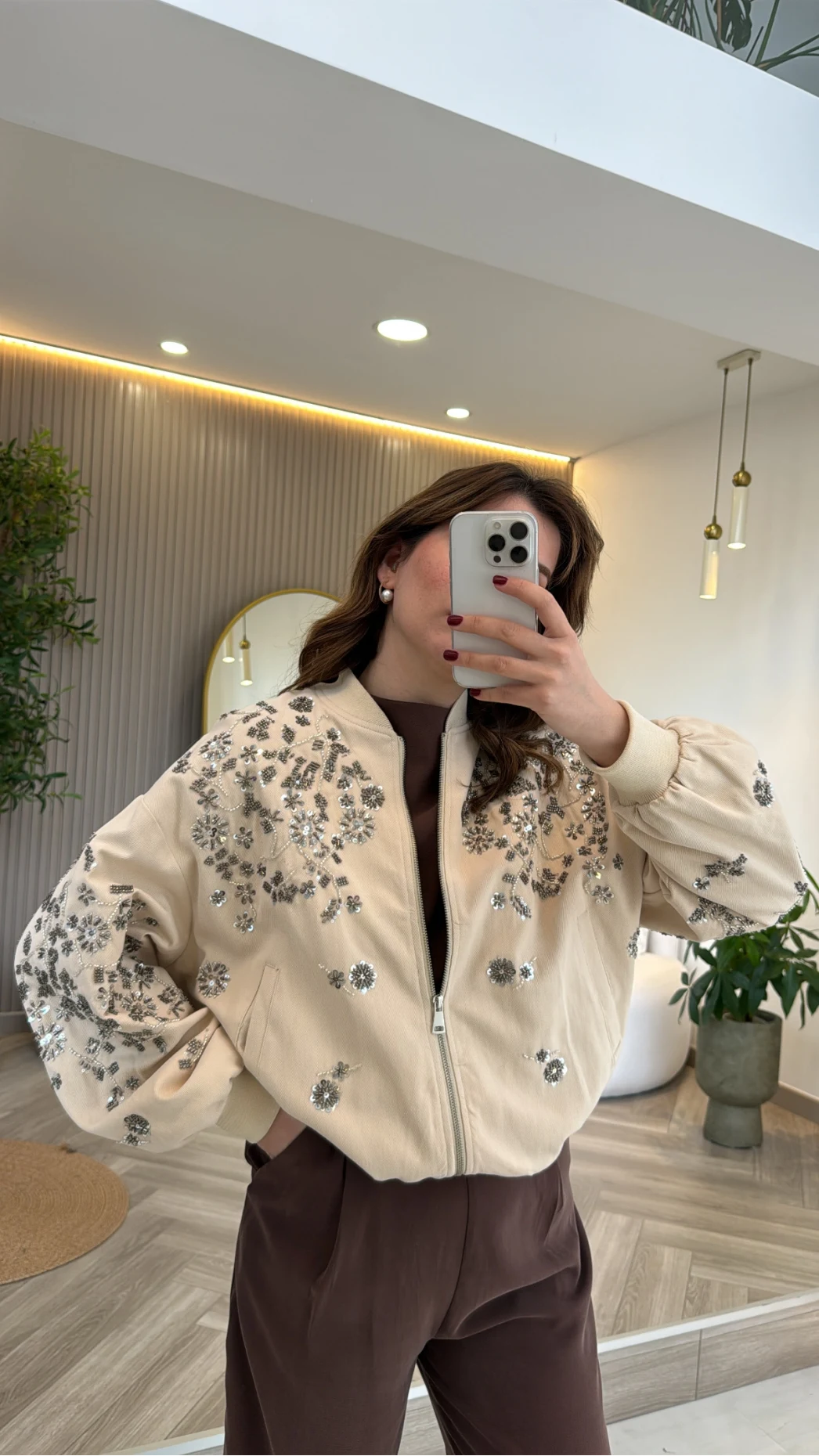 Premium Taş Pul Detaylı Pamuklu Ceket - Taş - Kod: 99927