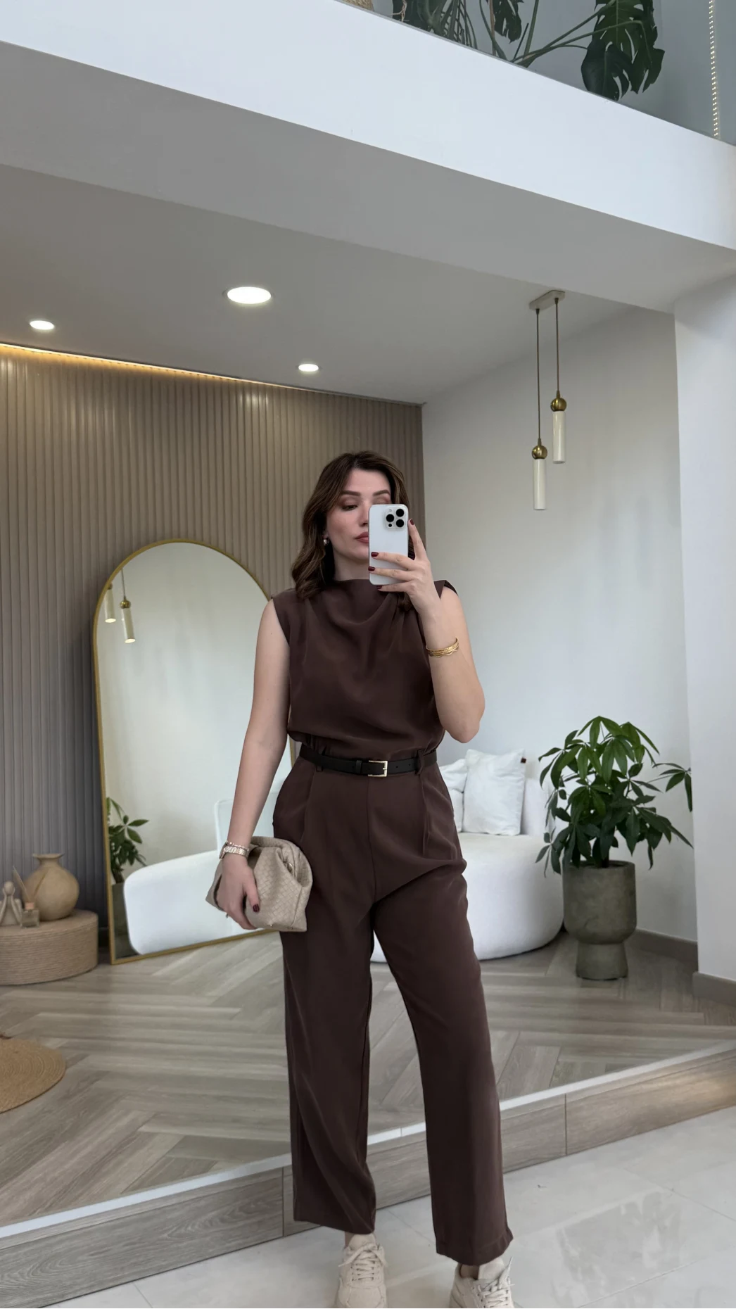 Kemerli Sıfır Kol Tulum - Kahverengi - Kod: 580907