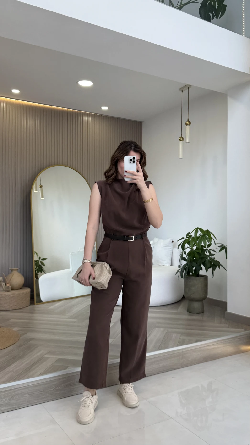 Kemerli Sıfır Kol Tulum - Kahverengi - Kod: 580907