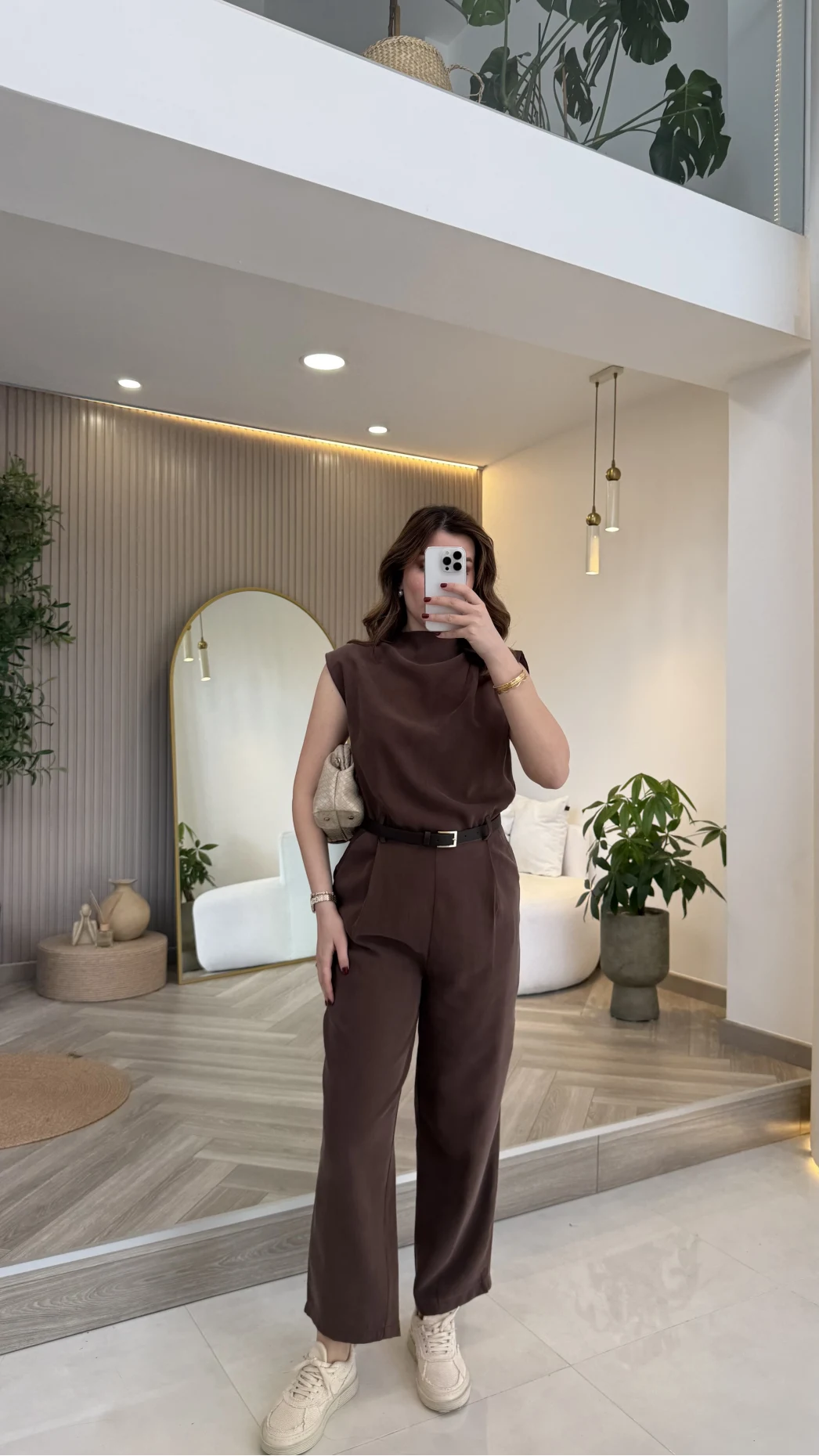 Kemerli Sıfır Kol Tulum - Kahverengi - Kod: 580907