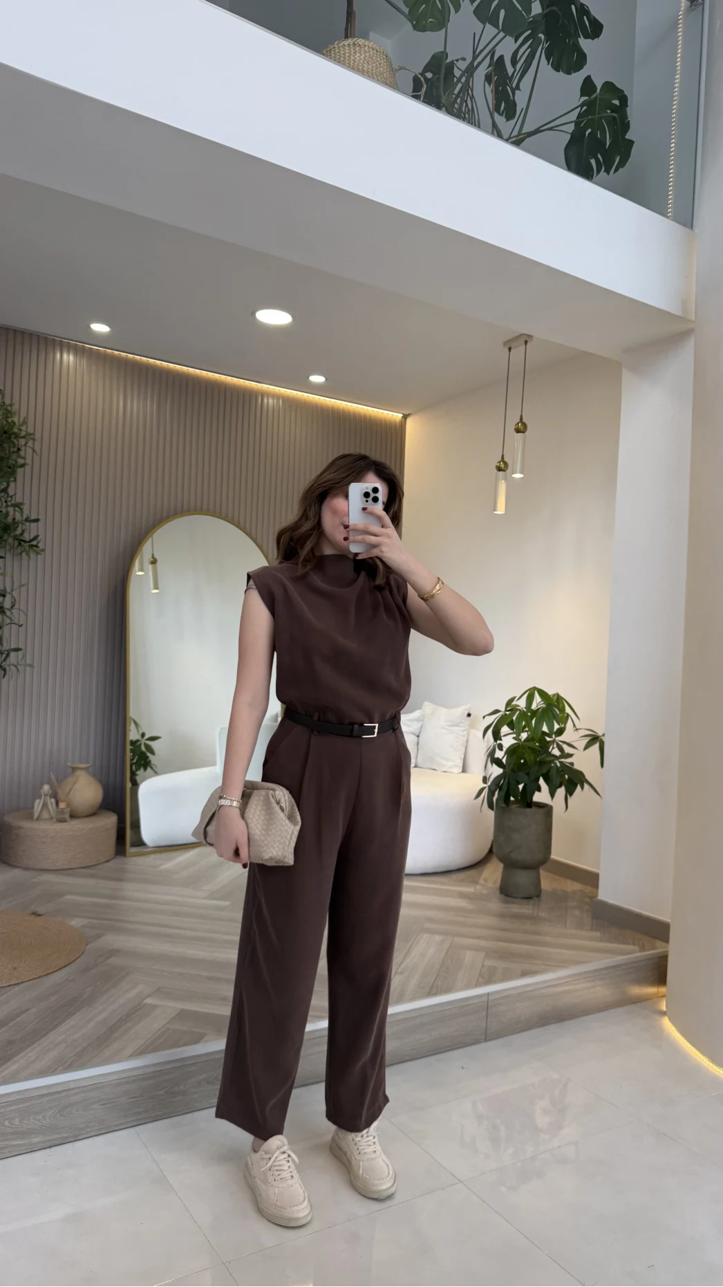 Kemerli Sıfır Kol Tulum - Kahverengi - Kod: 580907