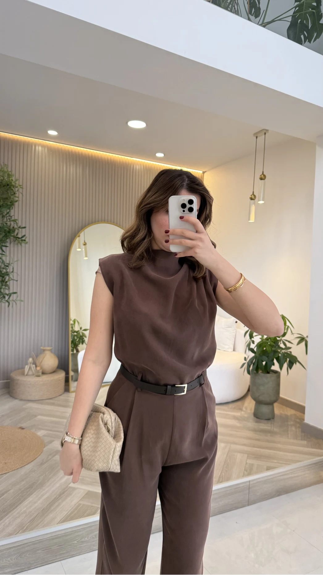 Kemerli Sıfır Kol Tulum - Kahverengi - Kod: 580907