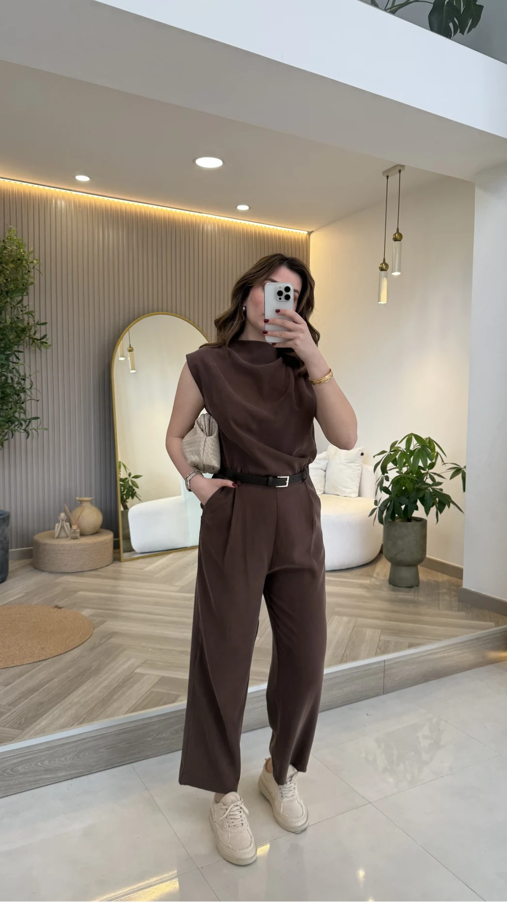 Kemerli Sıfır Kol Tulum - Kahverengi - Kod: 580907