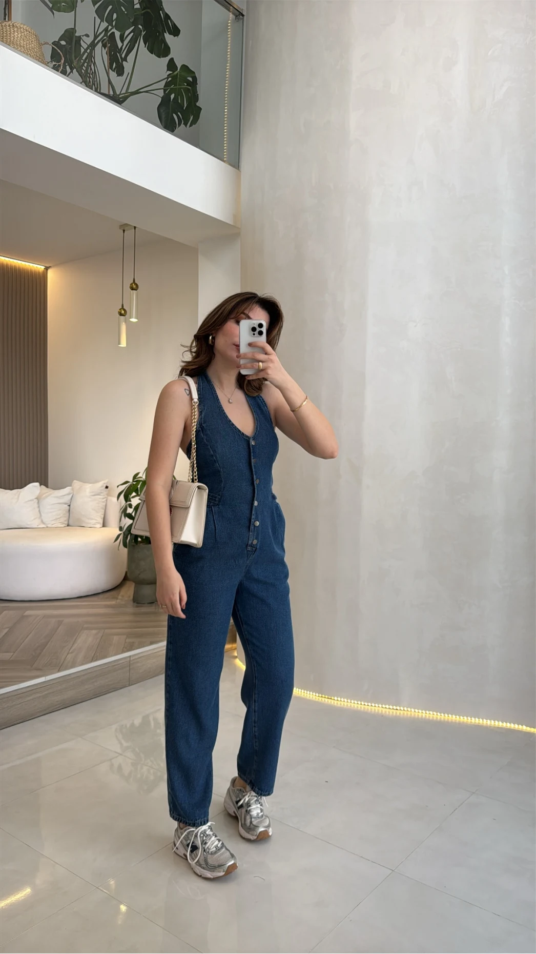 Boyundan Geçmeli Denim Tulum - Lacivert - Kod:8282