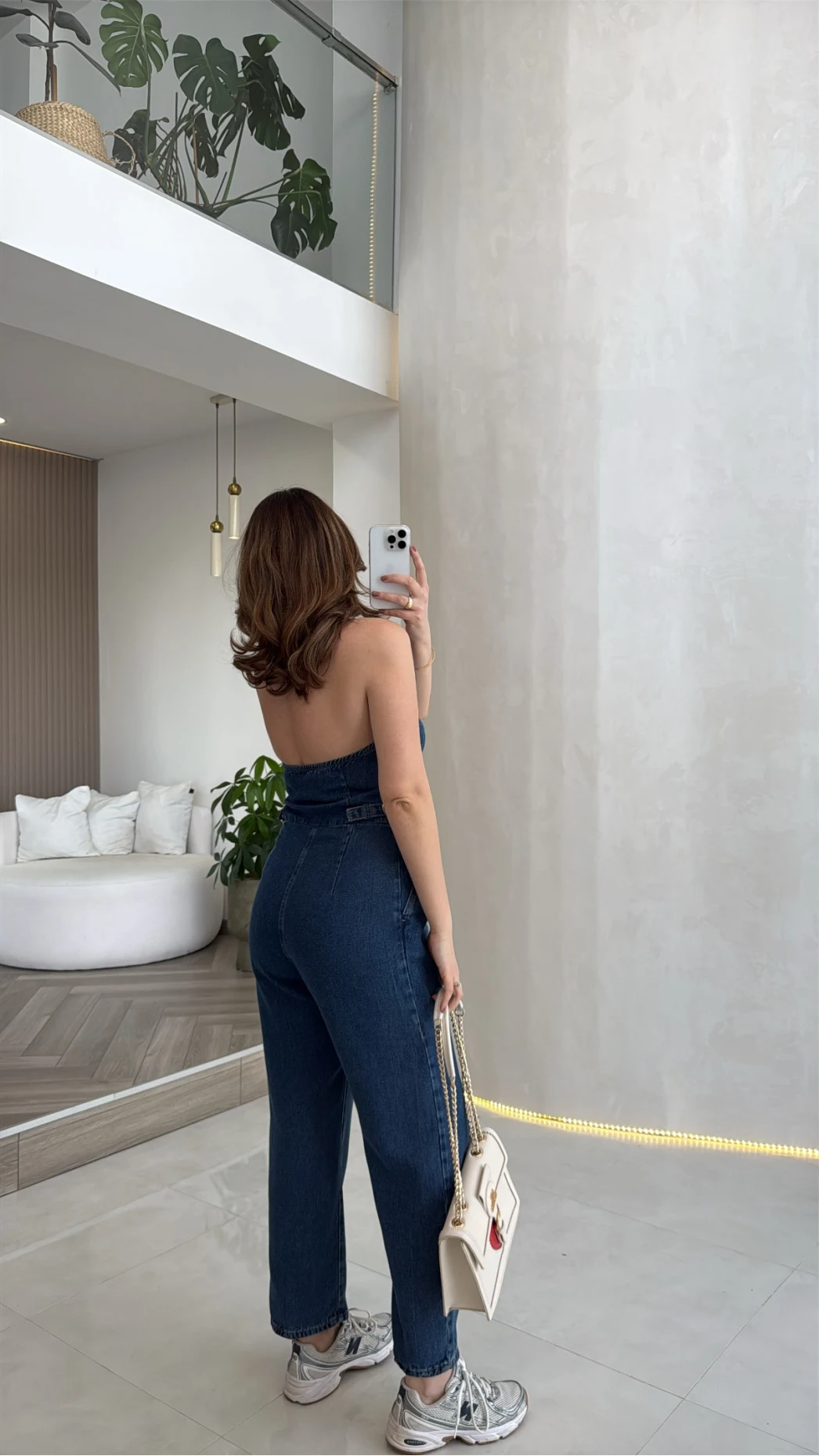 Boyundan Geçmeli Denim Tulum - Lacivert - Kod:8282