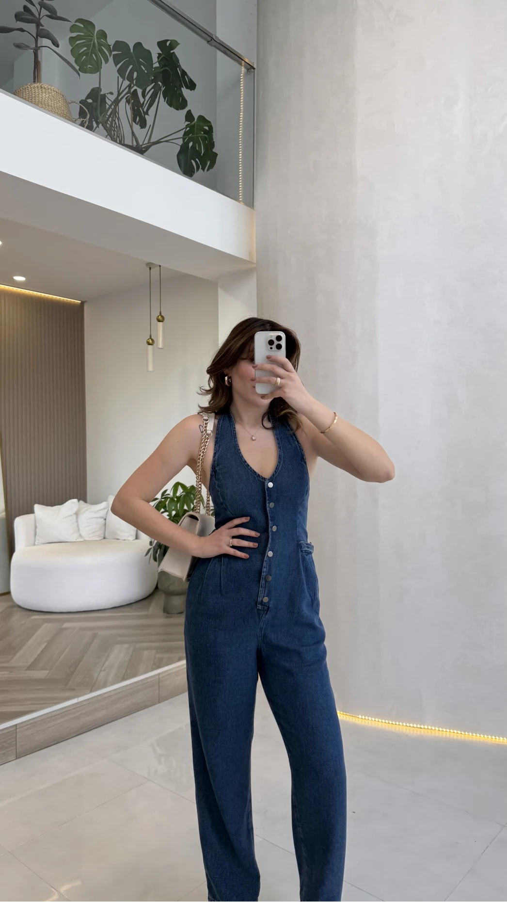 Boyundan Geçmeli Denim Tulum - Lacivert - Kod:8282