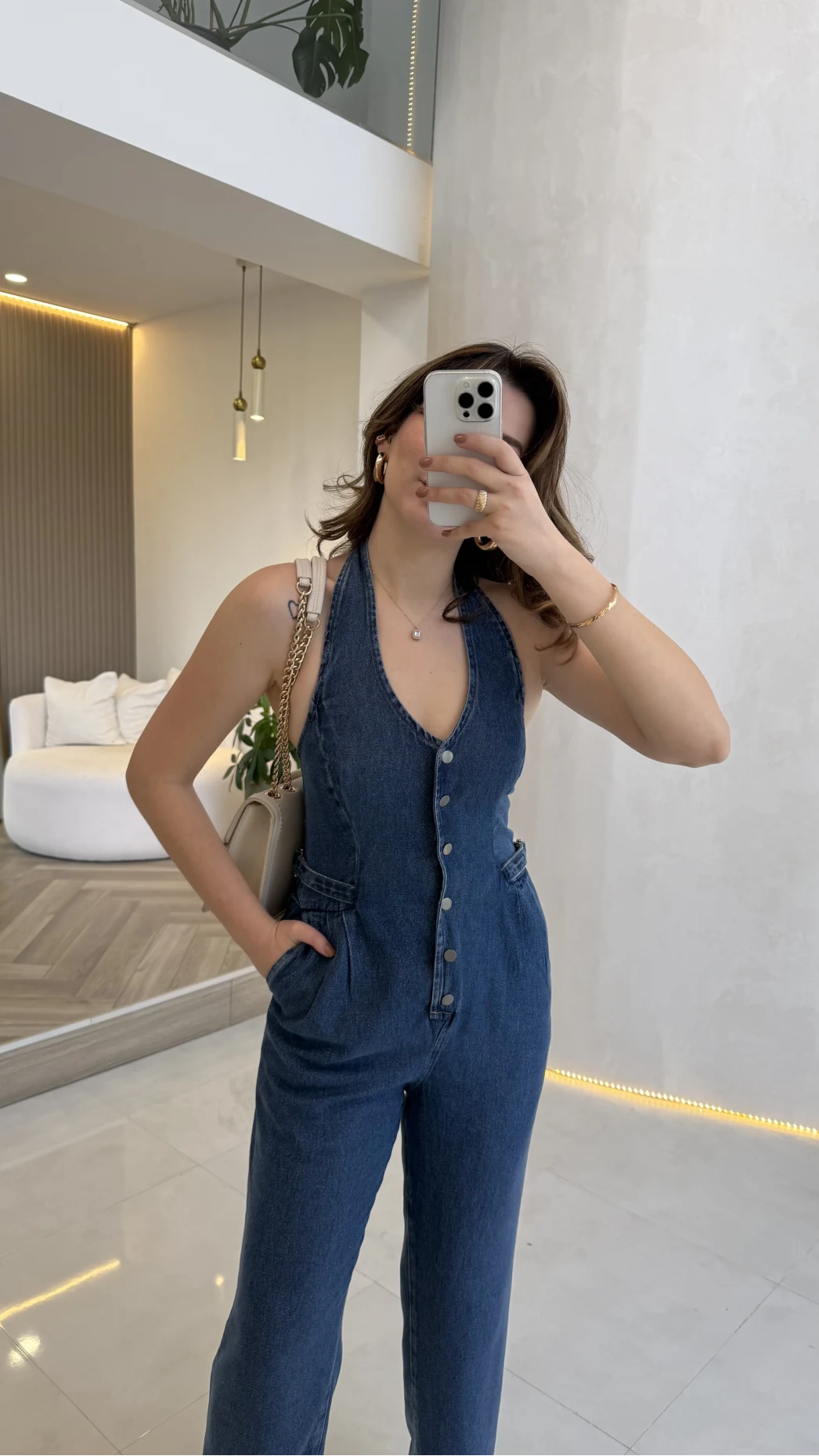 Boyundan Geçmeli Denim Tulum - Lacivert - Kod:8282