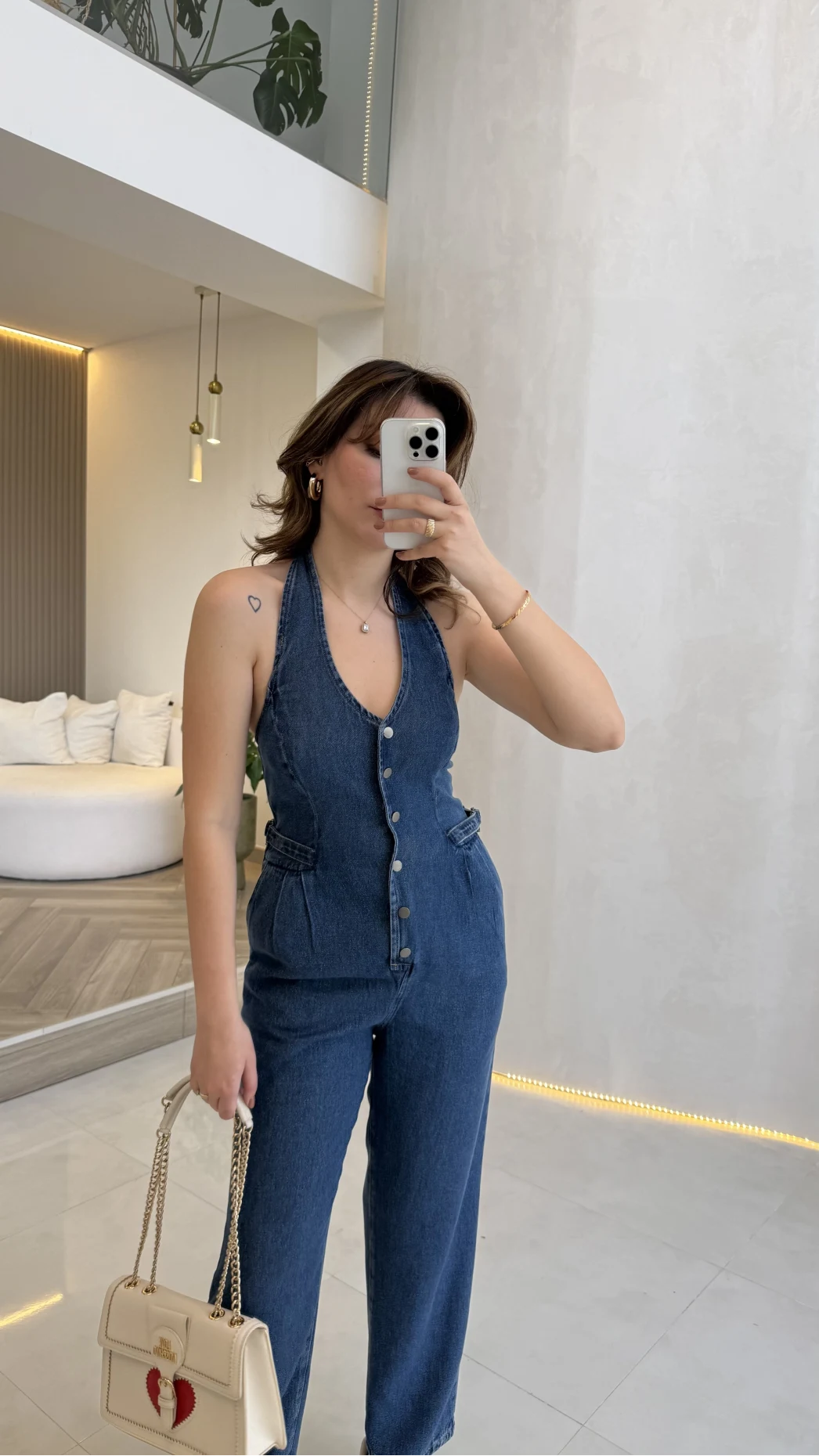 Boyundan Geçmeli Denim Tulum - Lacivert - Kod:8282