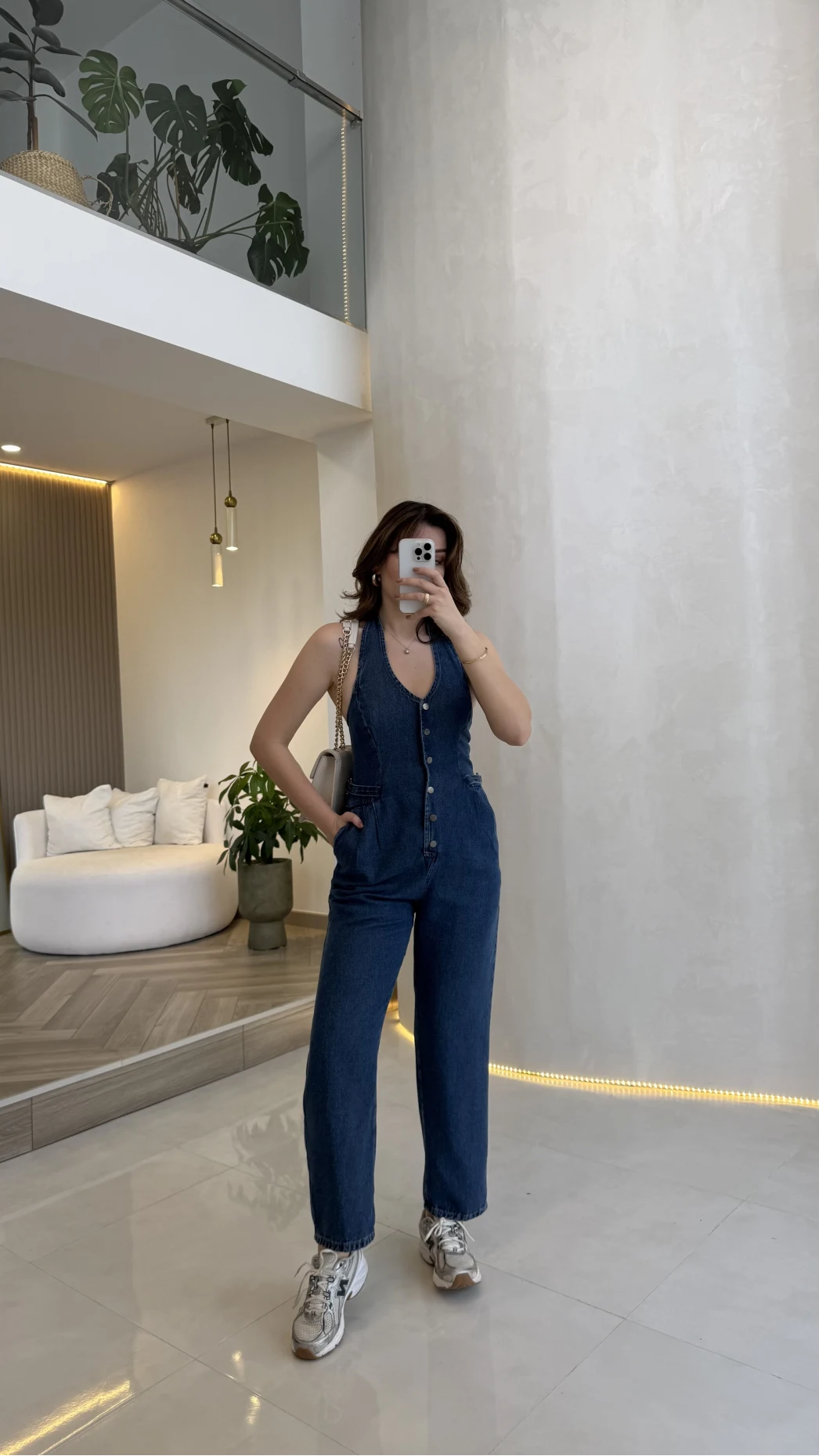 Boyundan Geçmeli Denim Tulum - Lacivert - Kod:8282