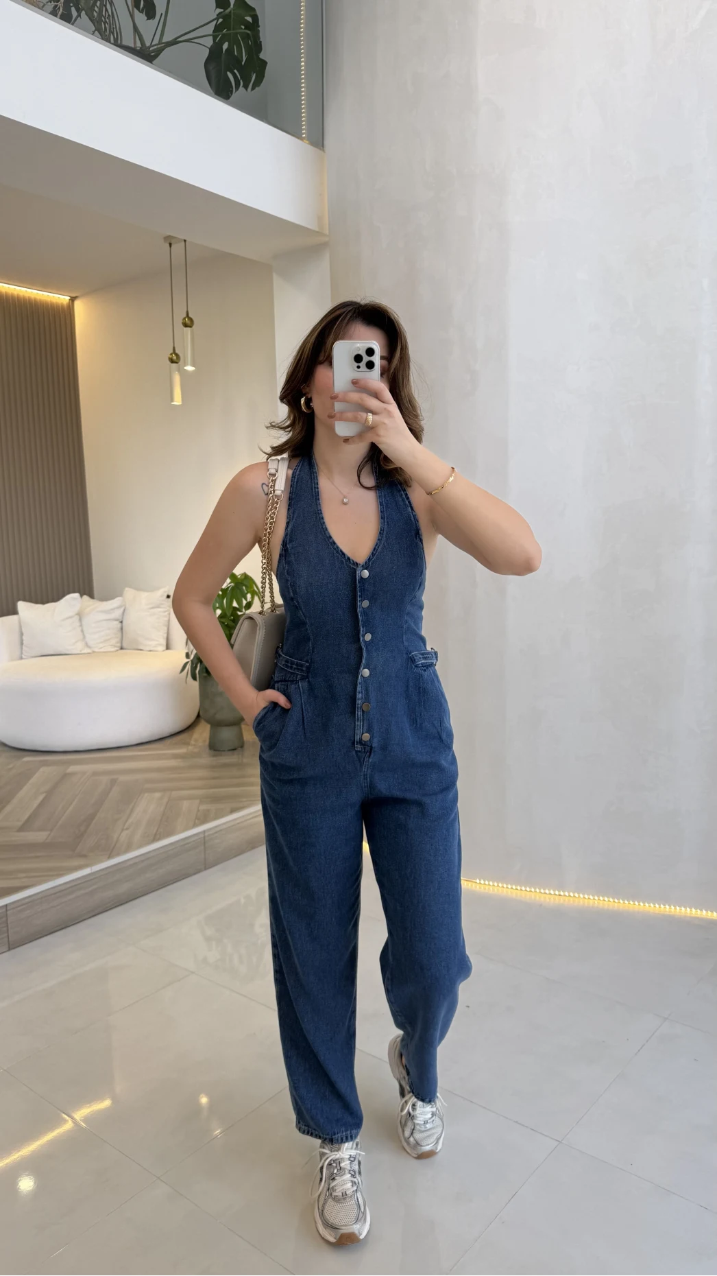 Boyundan Geçmeli Denim Tulum - Lacivert - Kod:8282