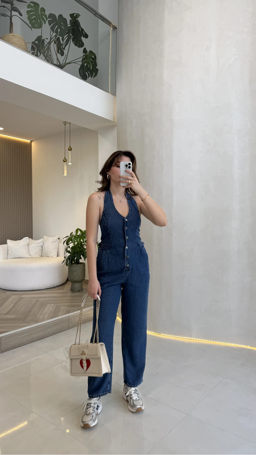 Boyundan Geçmeli Denim Tulum - Lacivert - Kod:8282