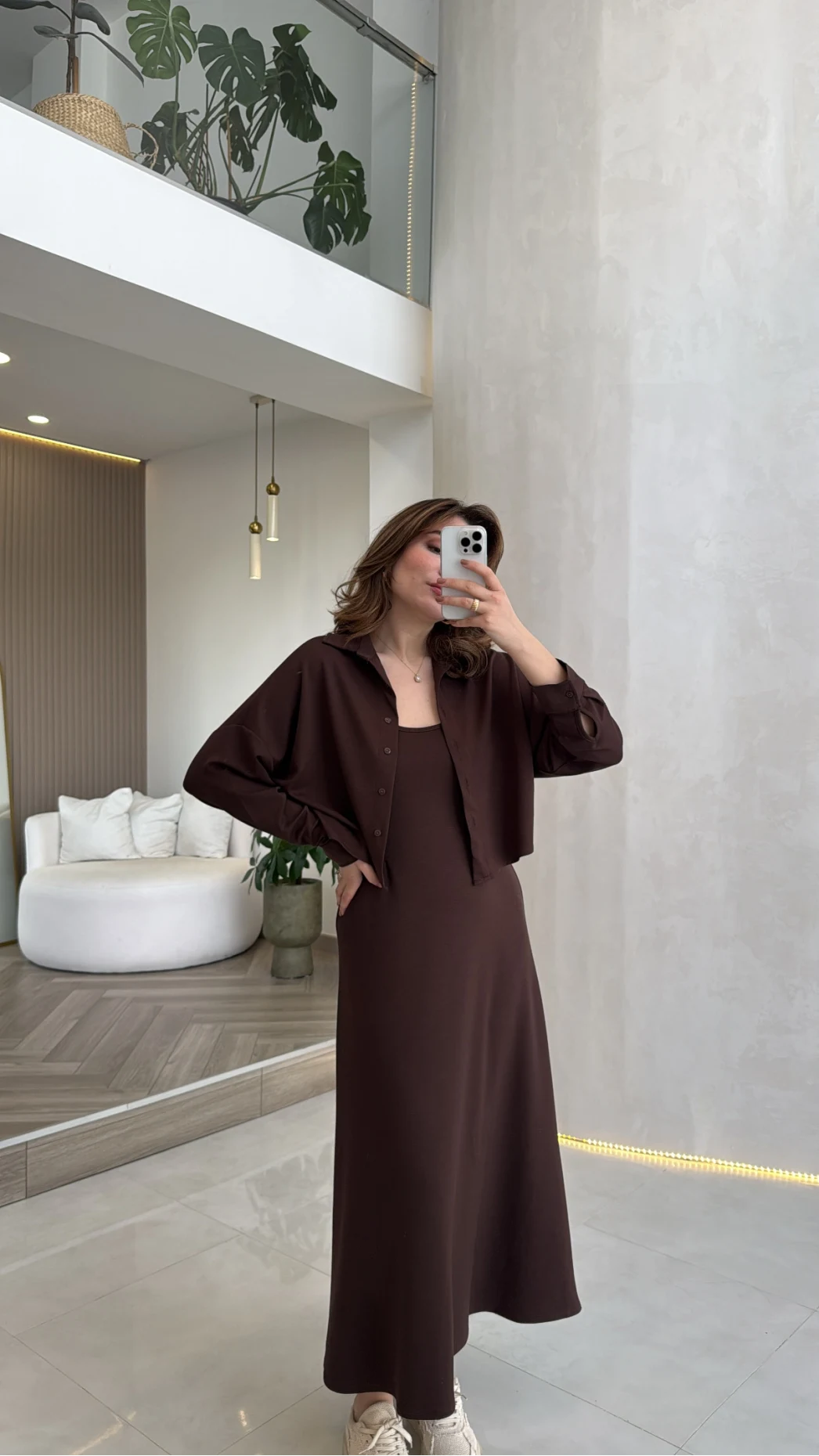 İnce Askılı Elbise Hırka Takım - Kahverengi - Kod: 4103