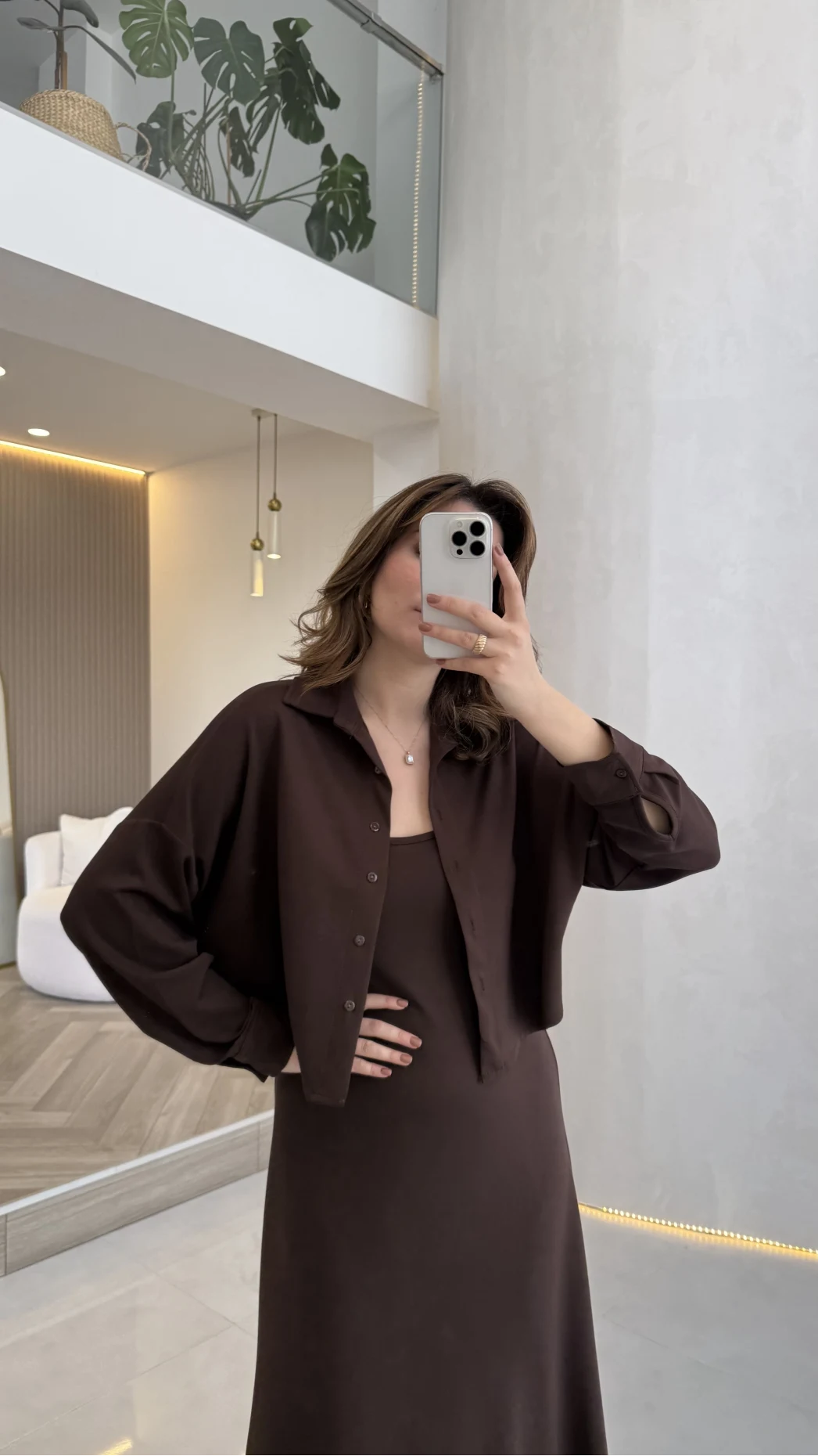 İnce Askılı Elbise Hırka Takım - Kahverengi - Kod: 4103