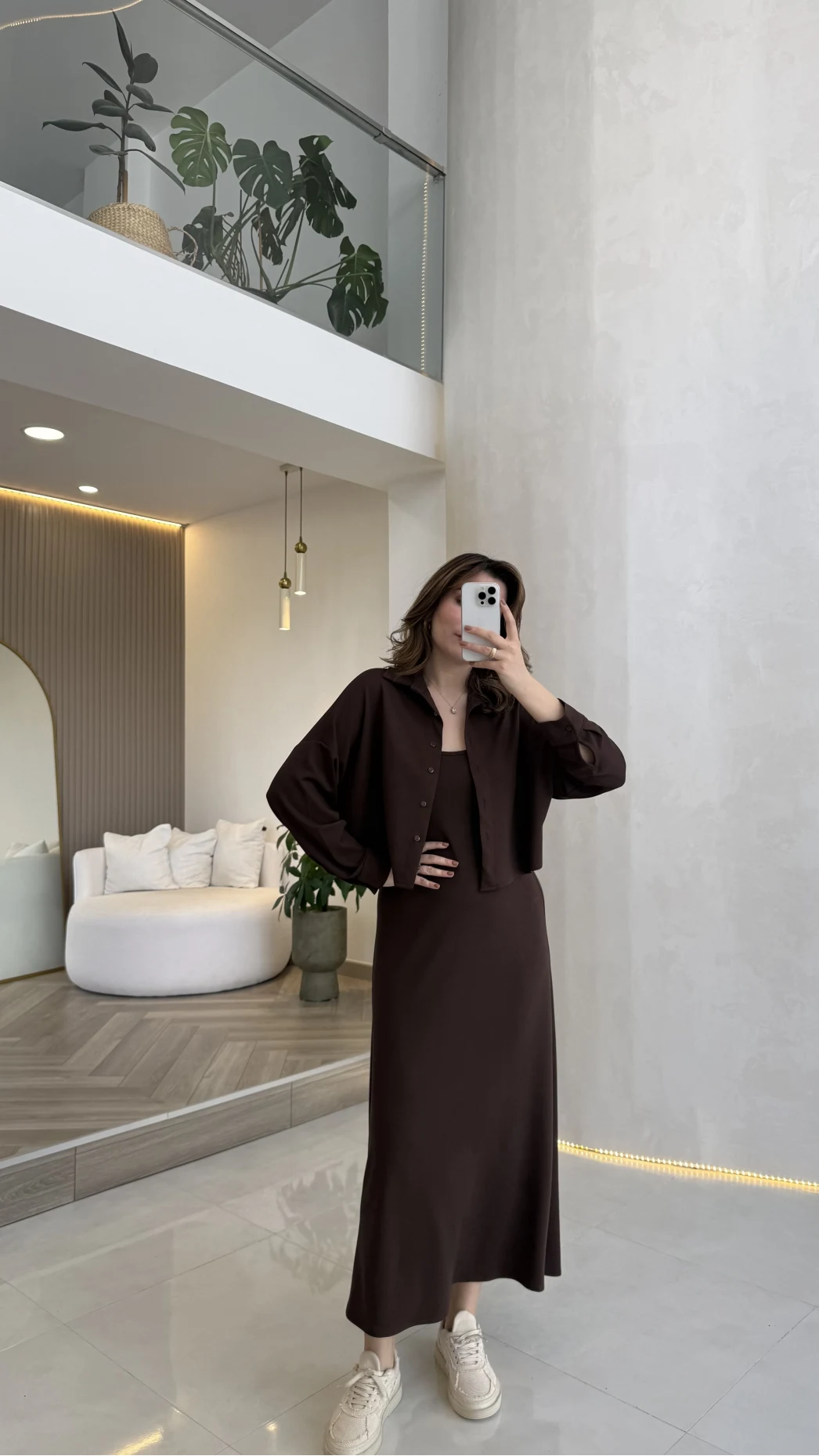 İnce Askılı Elbise Hırka Takım - Kahverengi - Kod: 4103