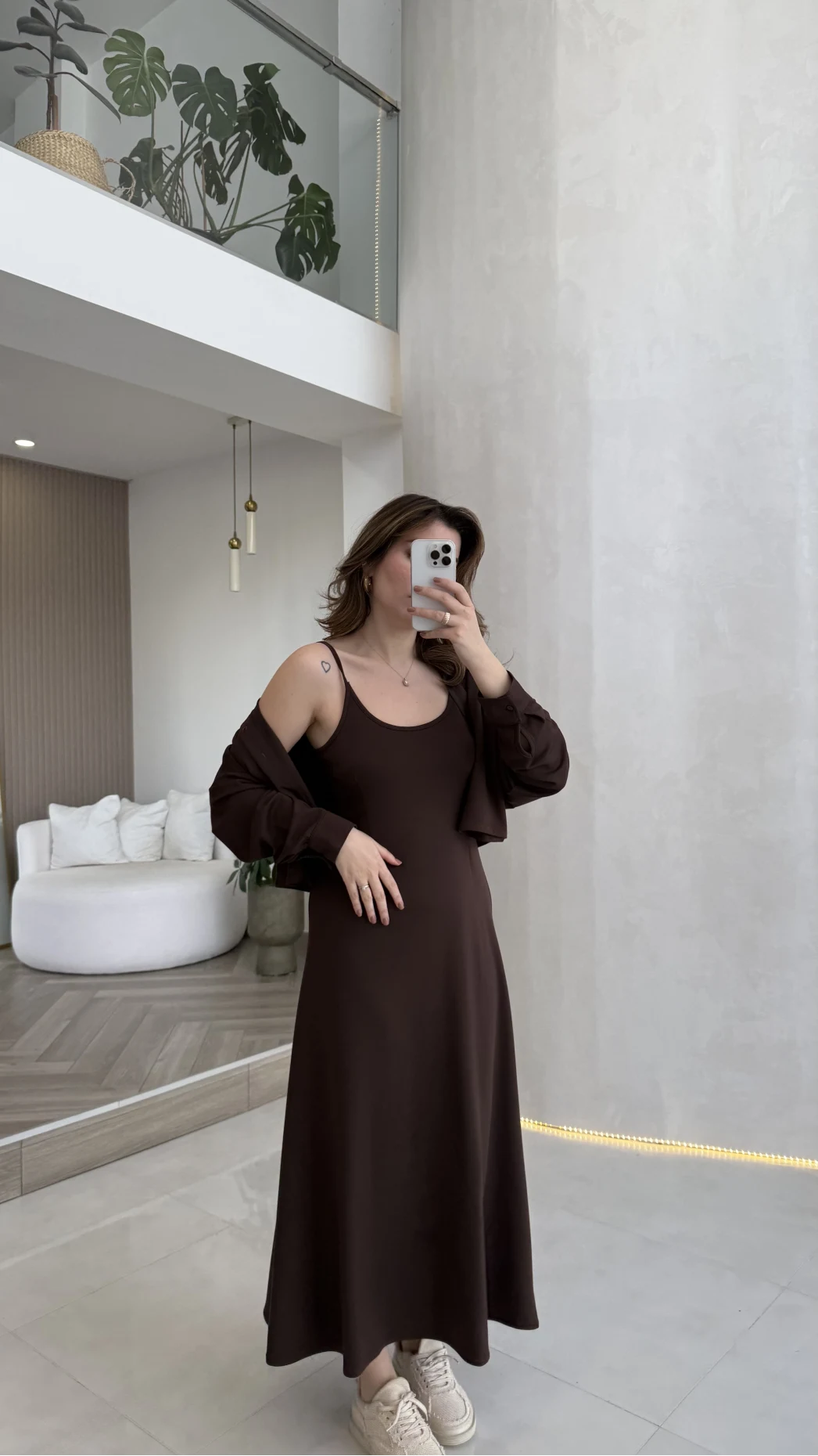 İnce Askılı Elbise Hırka Takım - Kahverengi - Kod: 4103