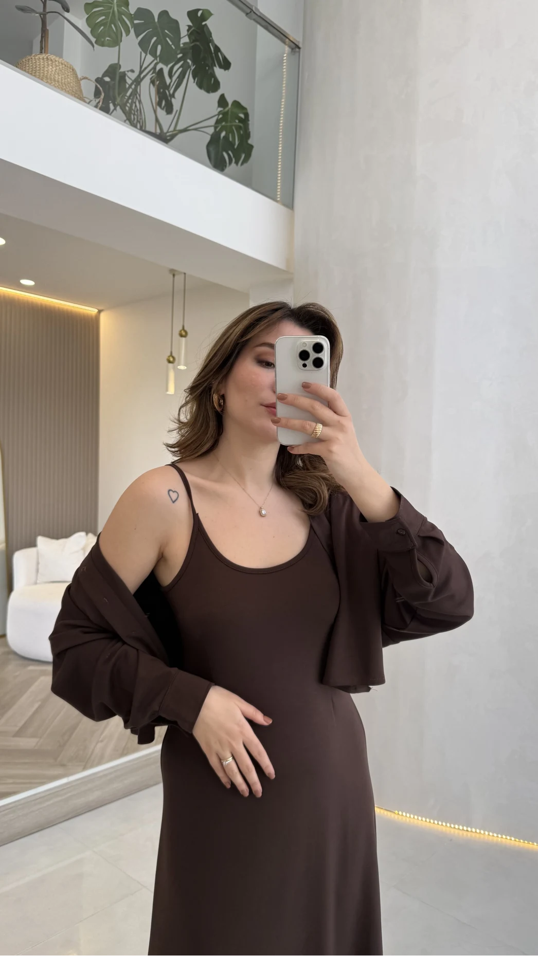 İnce Askılı Elbise Hırka Takım - Kahverengi - Kod: 4103