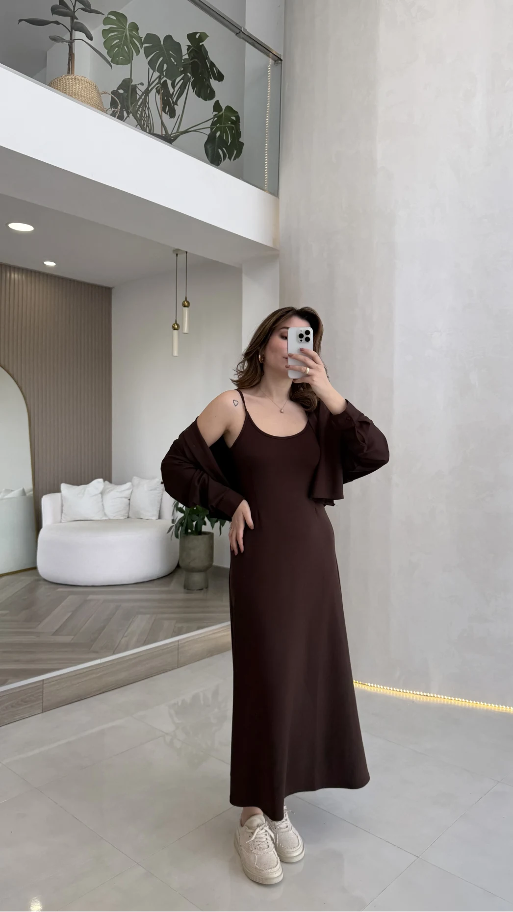 İnce Askılı Elbise Hırka Takım - Kahverengi - Kod: 4103