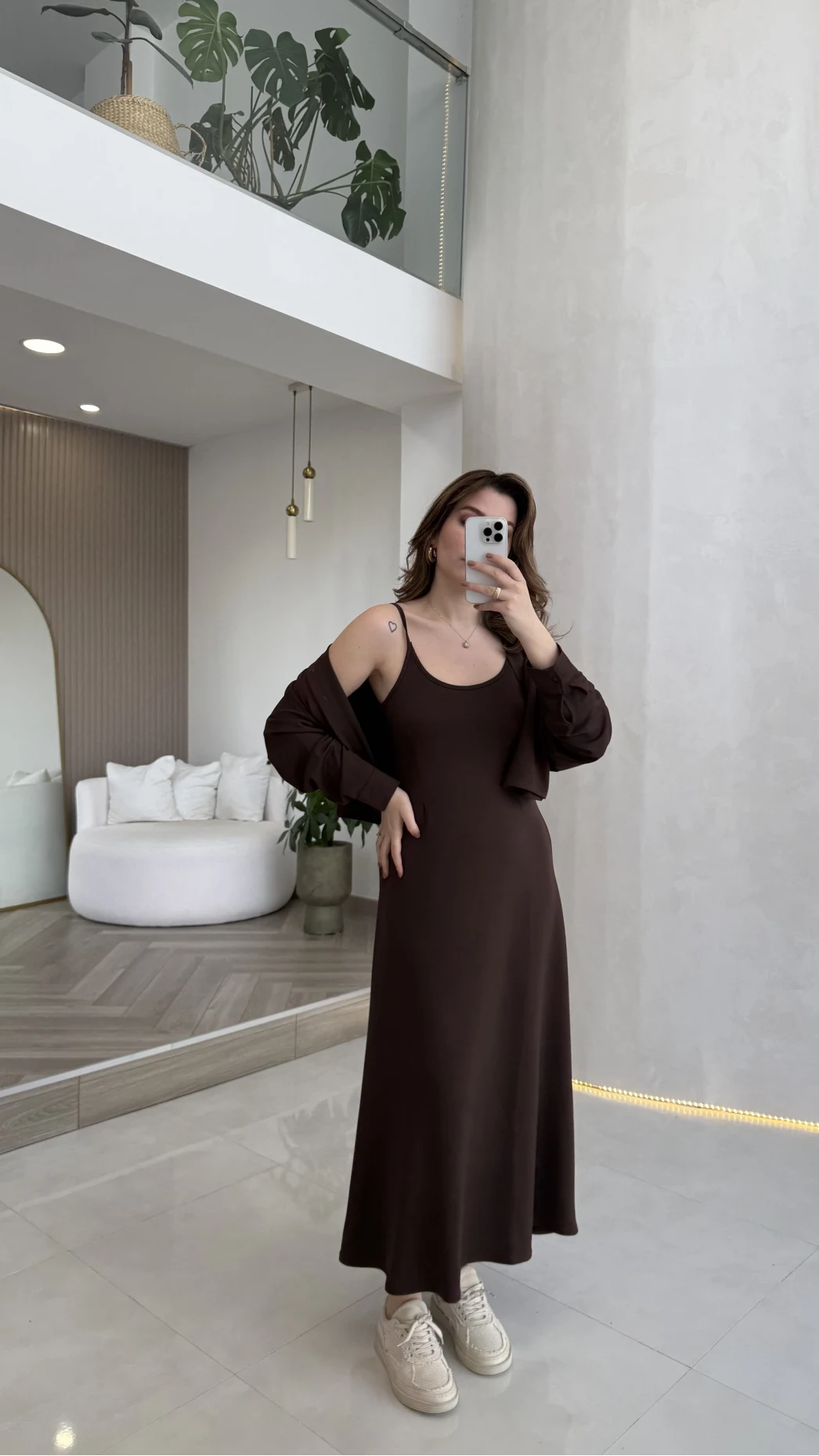 İnce Askılı Elbise Hırka Takım - Kahverengi - Kod: 4103