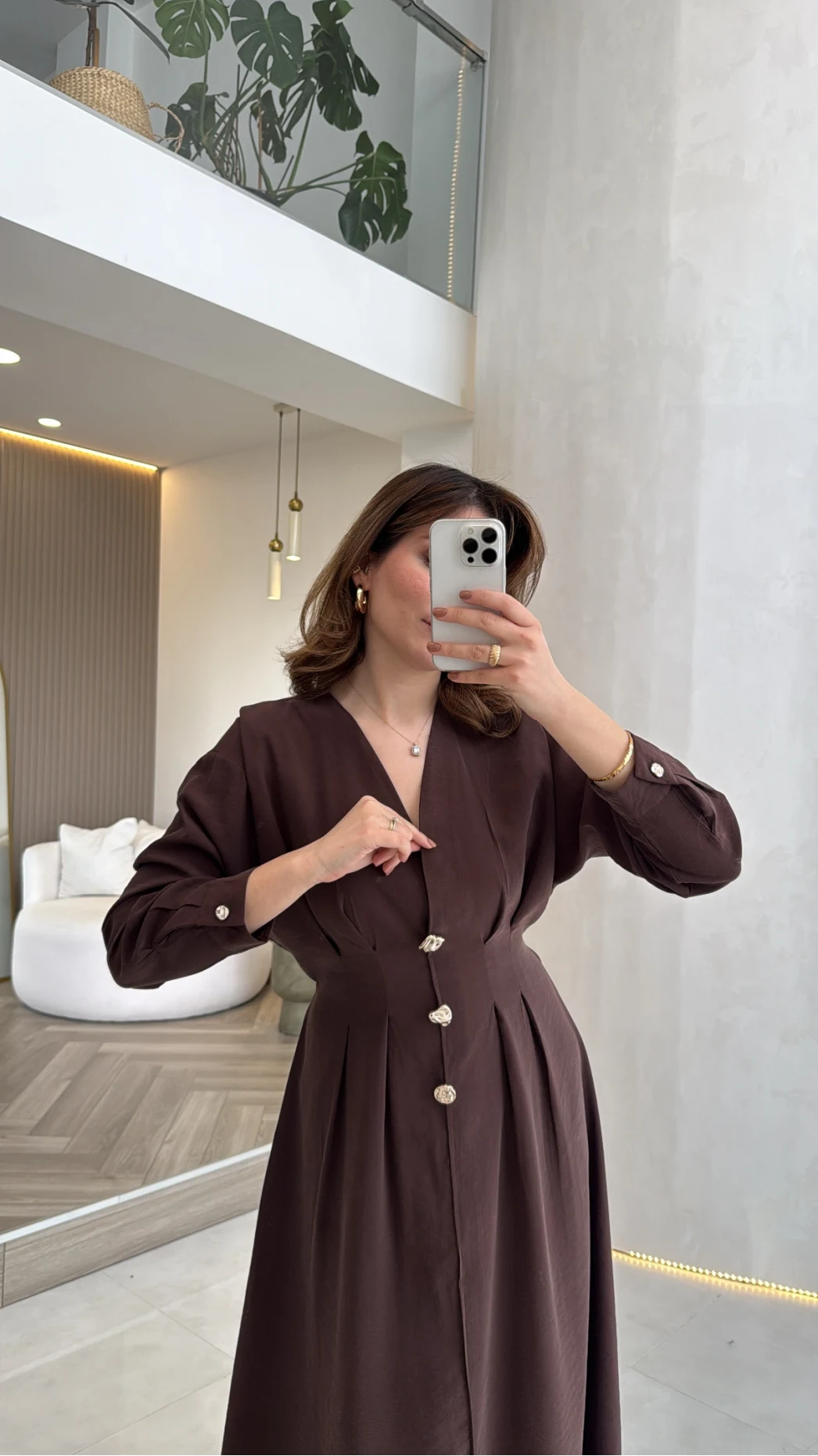 Önü Aksesuaar Detaylı Modal Elbise - Kahverengi - Kod: 3078