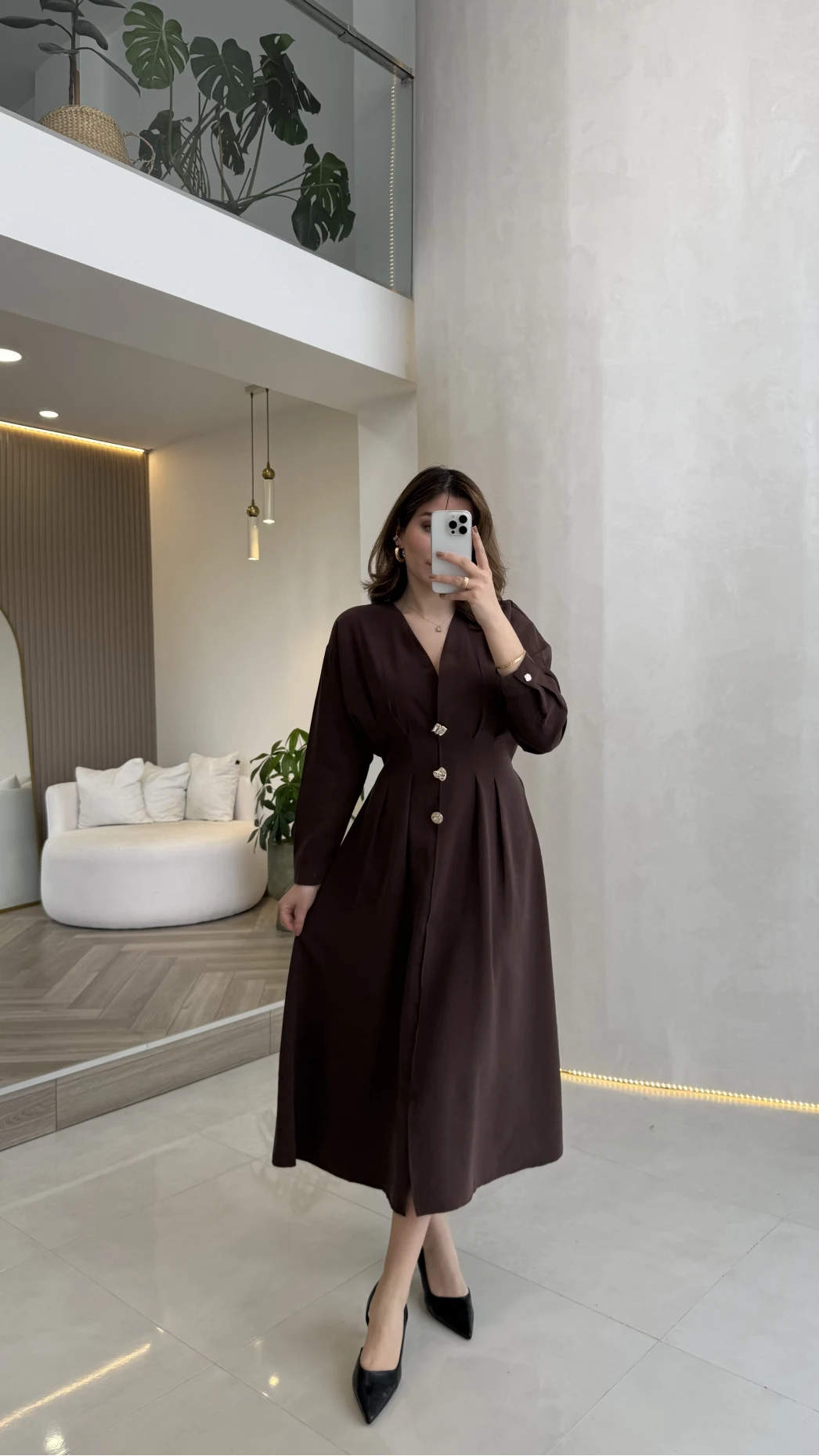 Önü Aksesuaar Detaylı Modal Elbise - Kahverengi - Kod: 3078