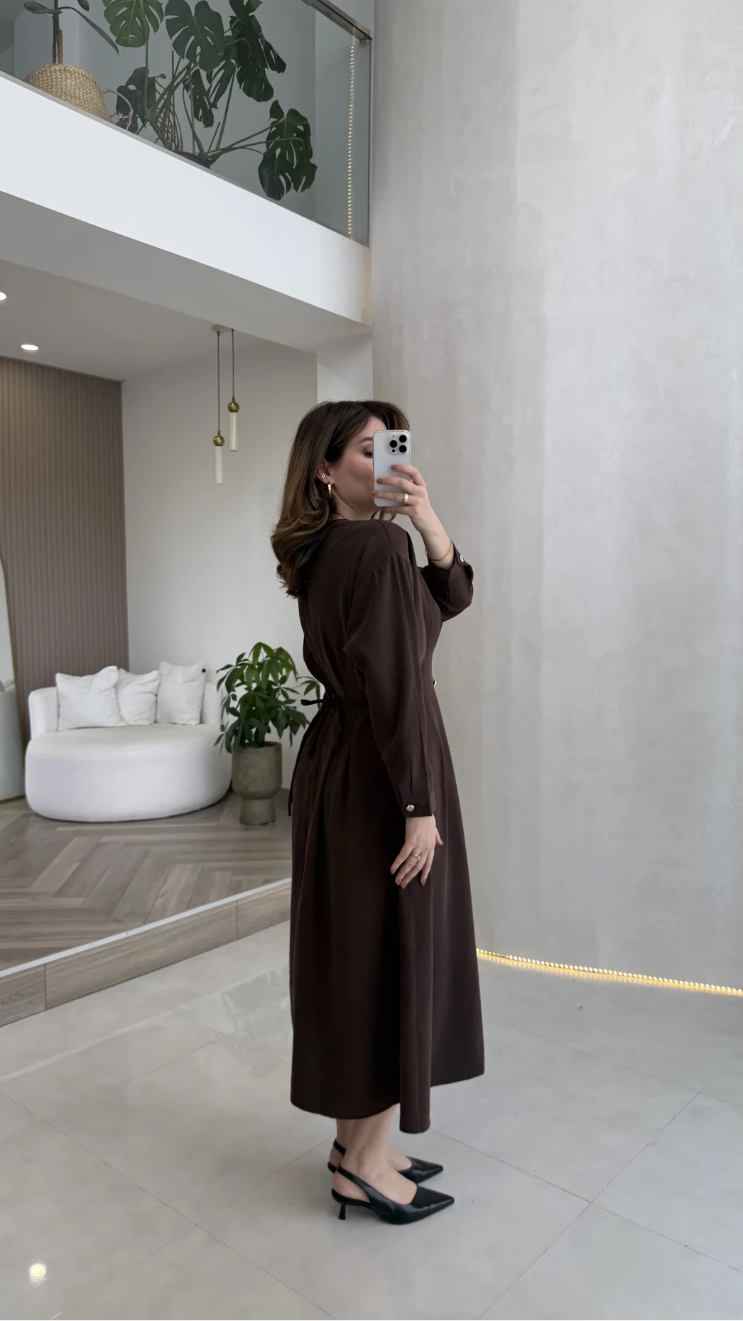 Önü Aksesuaar Detaylı Modal Elbise - Kahverengi - Kod: 3078