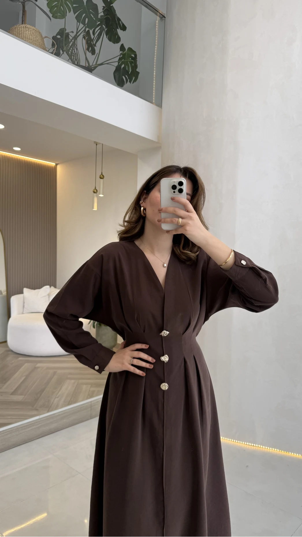 Önü Aksesuaar Detaylı Modal Elbise - Kahverengi - Kod: 3078