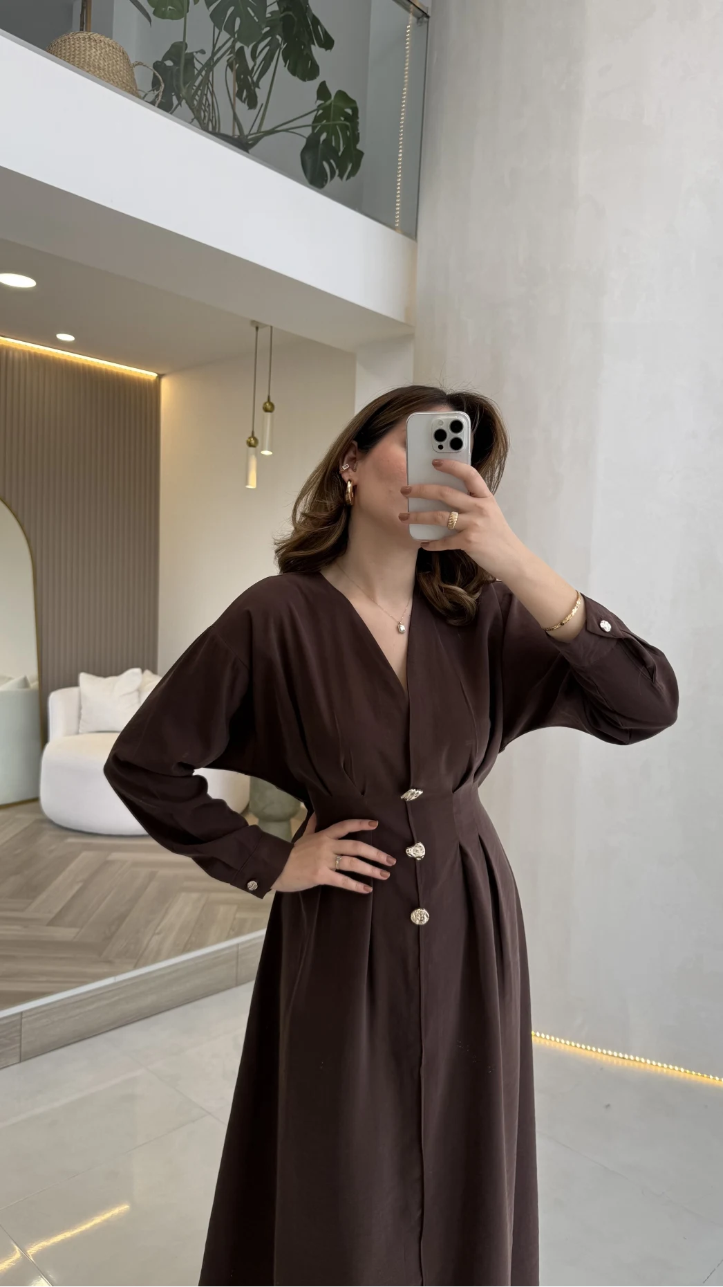 Önü Aksesuaar Detaylı Modal Elbise - Kahverengi - Kod: 3078