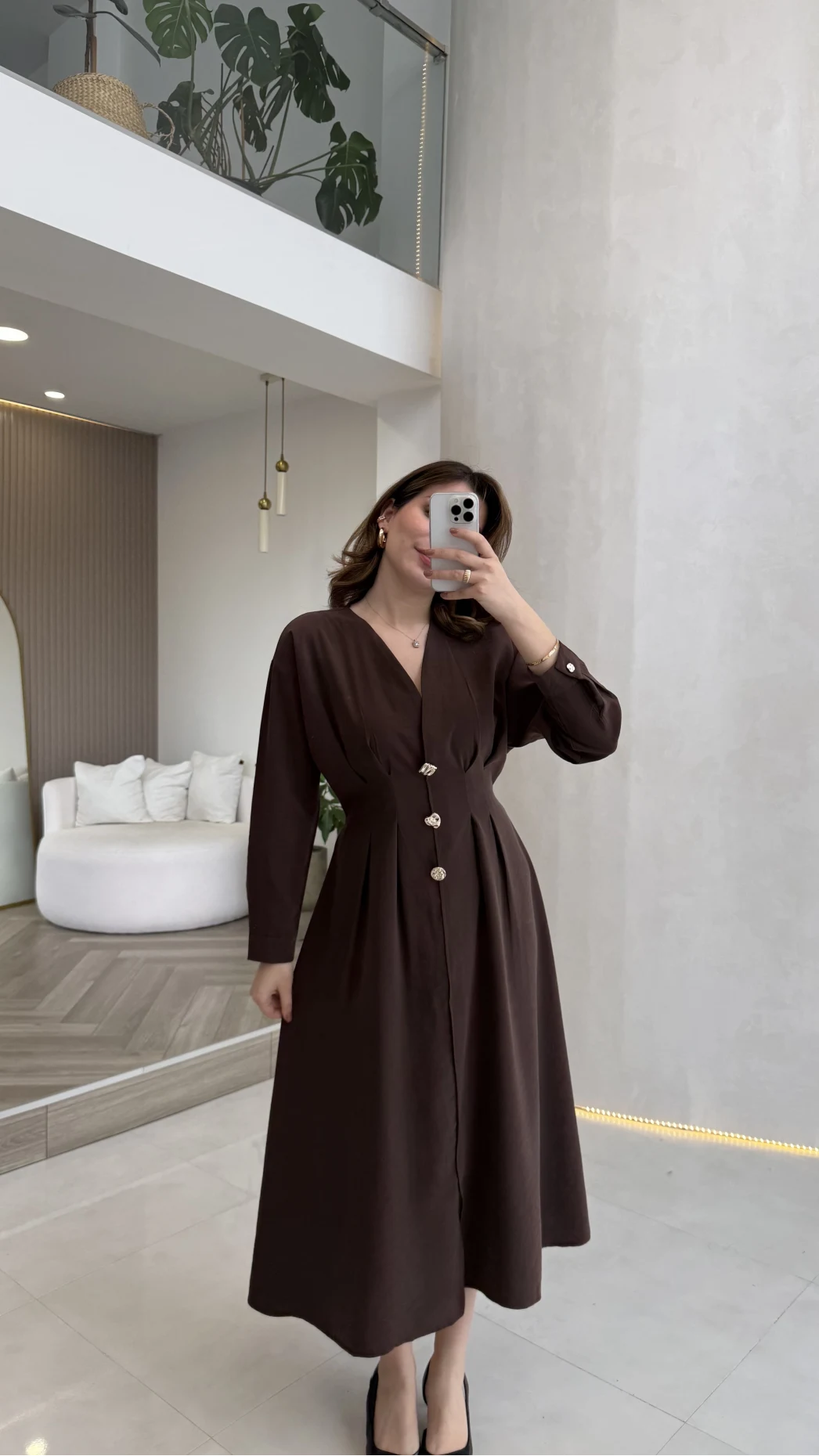 Önü Aksesuaar Detaylı Modal Elbise - Kahverengi - Kod: 3078