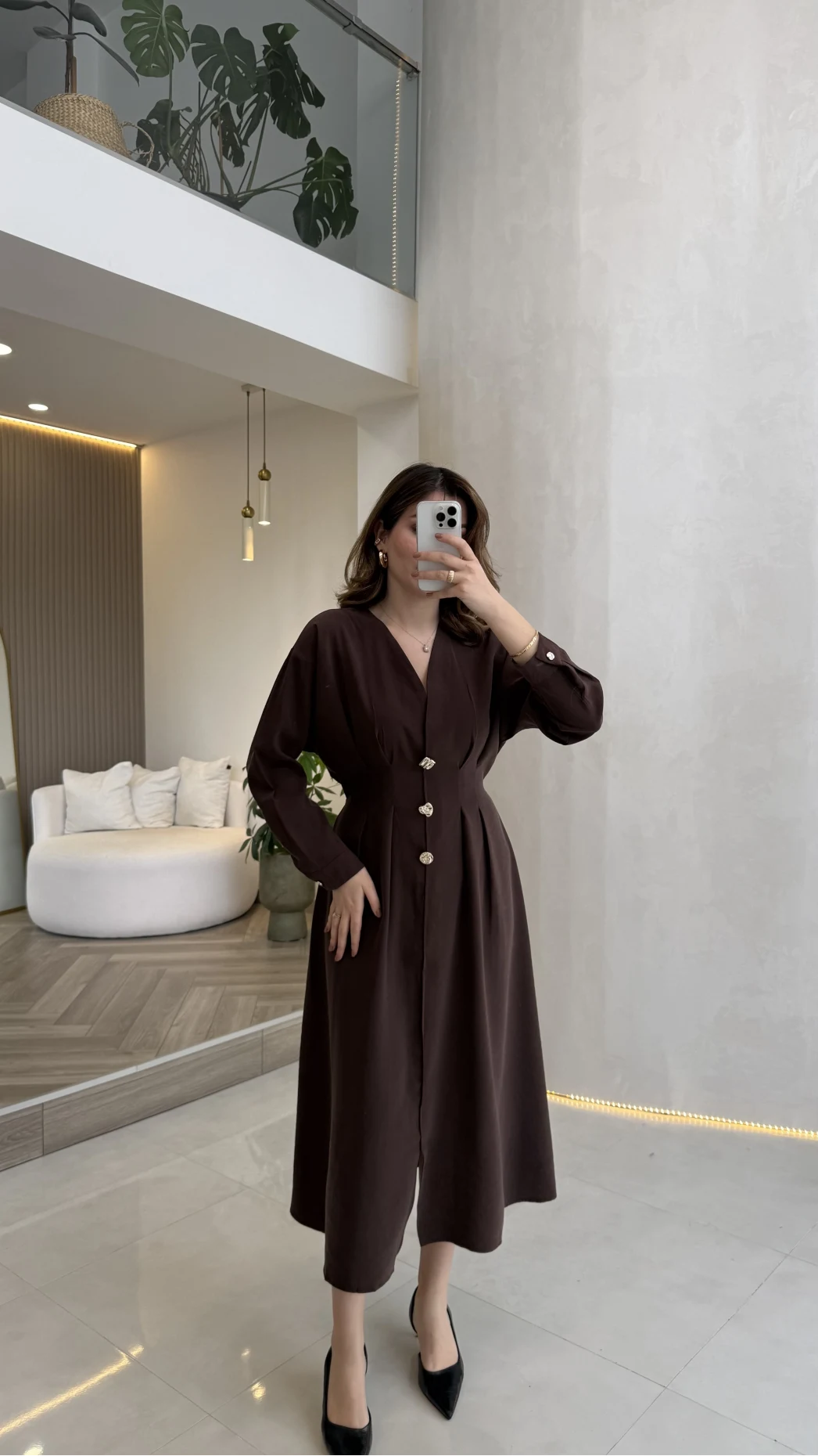 Önü Aksesuaar Detaylı Modal Elbise - Kahverengi - Kod: 3078