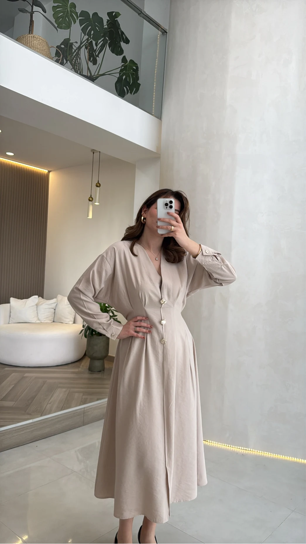 Önü Aksesuaar Detaylı Modal Elbise - Taş - Kod: 3078