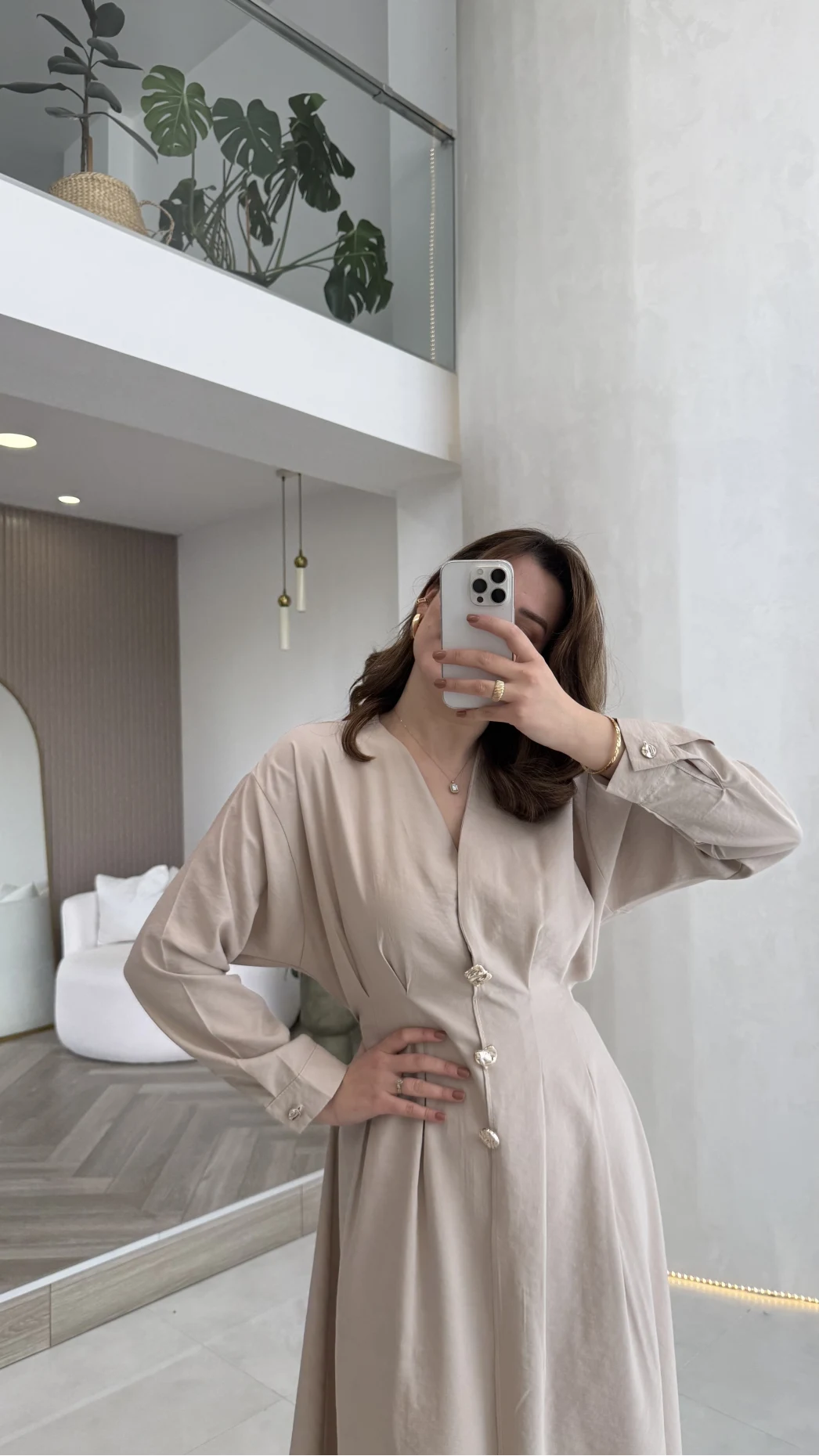 Önü Aksesuaar Detaylı Modal Elbise - Taş - Kod: 3078