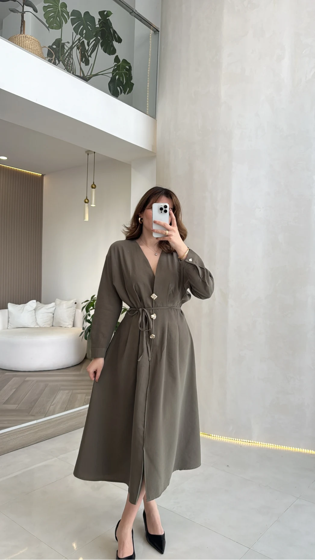 Önü Aksesuaar Detaylı Modal Elbise - Haki - Kod: 3078