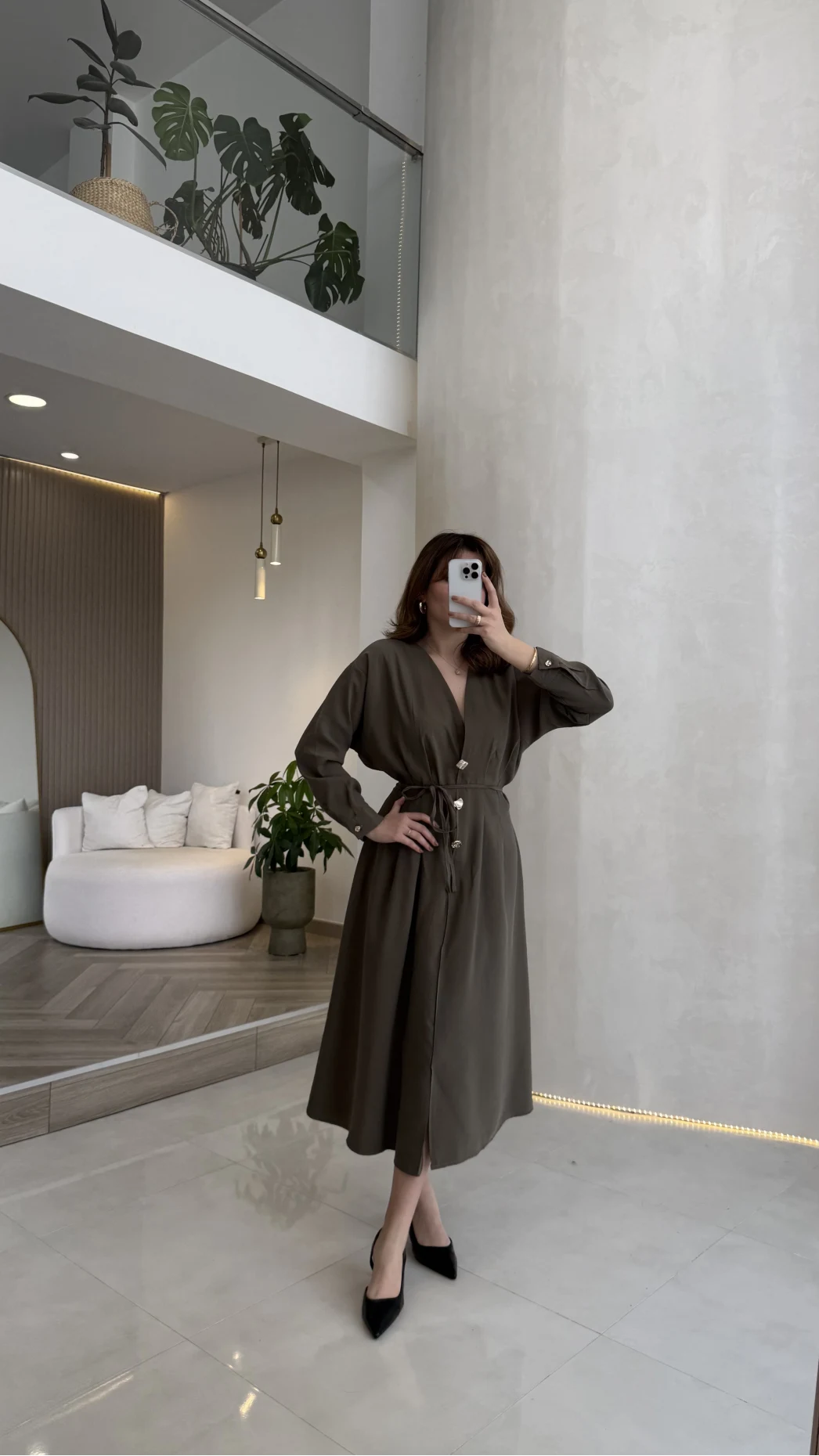 Önü Aksesuaar Detaylı Modal Elbise - Haki - Kod: 3078