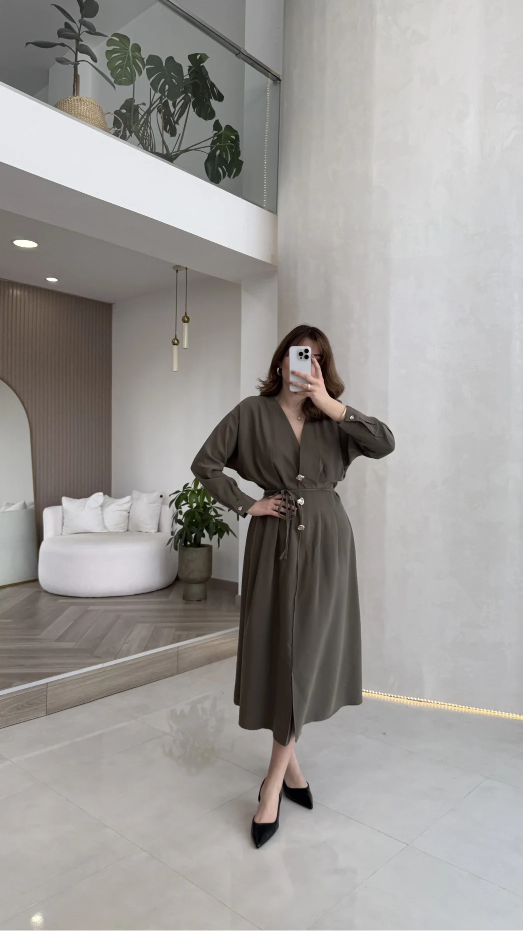 Önü Aksesuaar Detaylı Modal Elbise - Haki - Kod: 3078