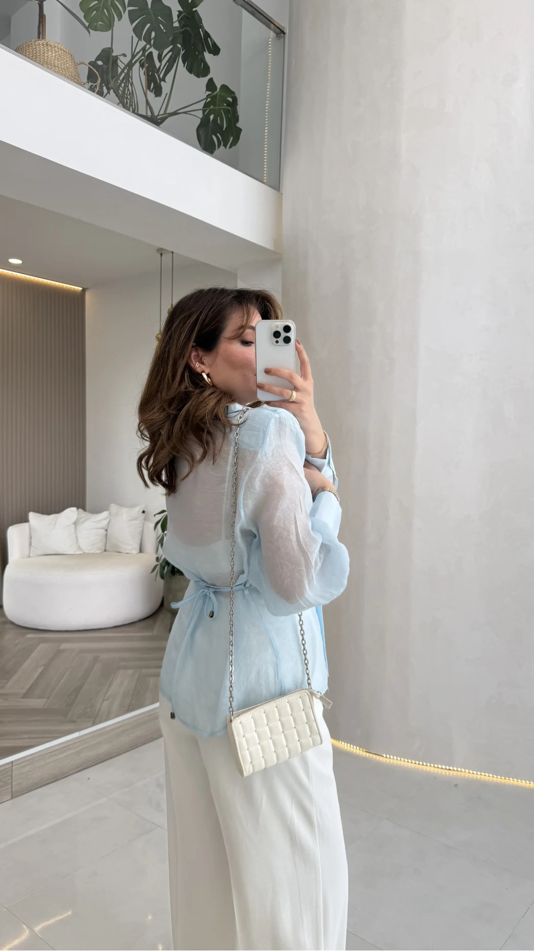 Maisie Vatkalı Transparan Bağlamalı Gömlek - Açık Mavi - Kod: 5029